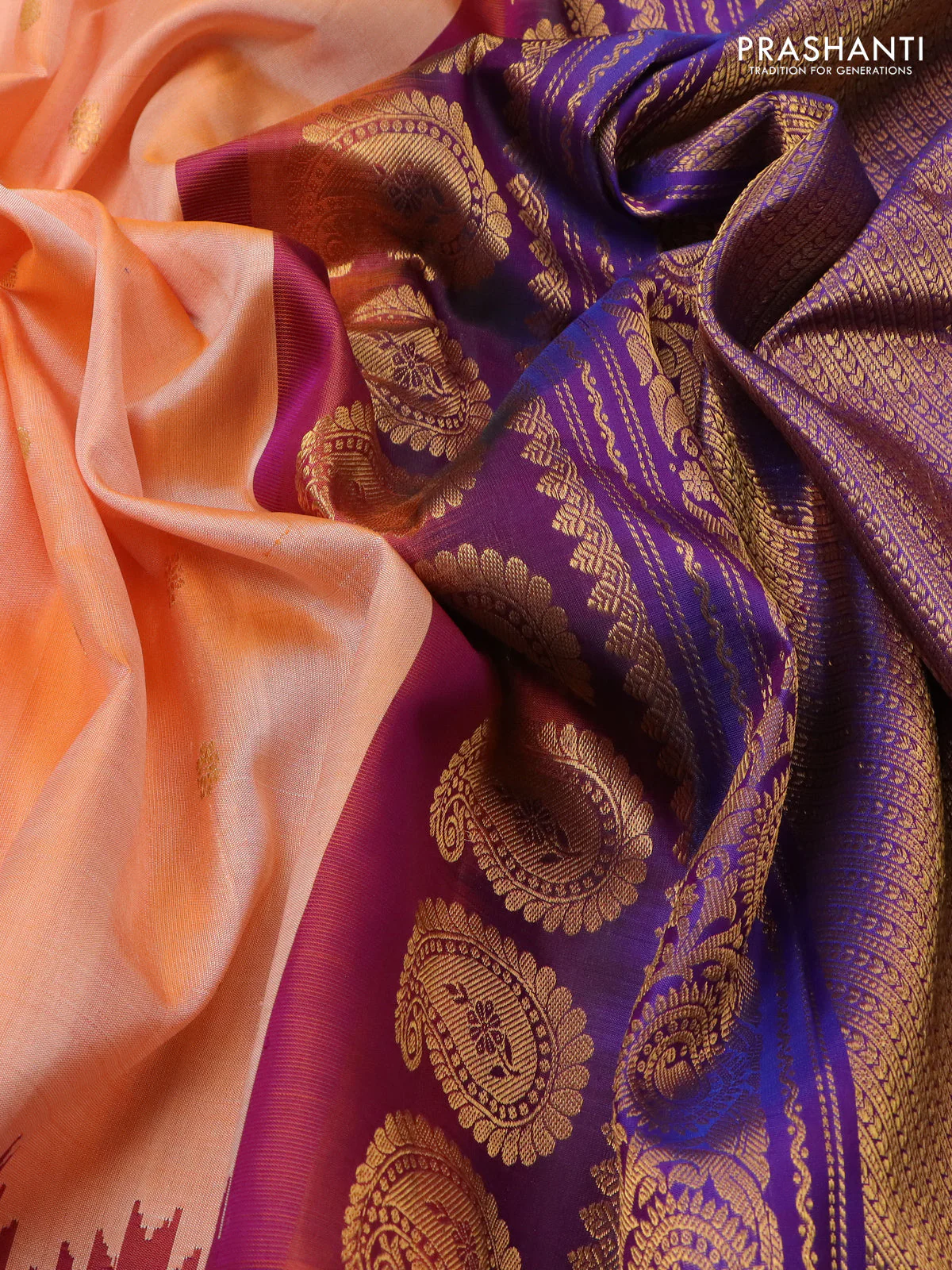 Pure gadwal silk saree orange and dual shade of purple with zari woven buttas and temple design zari woven border - Image 3