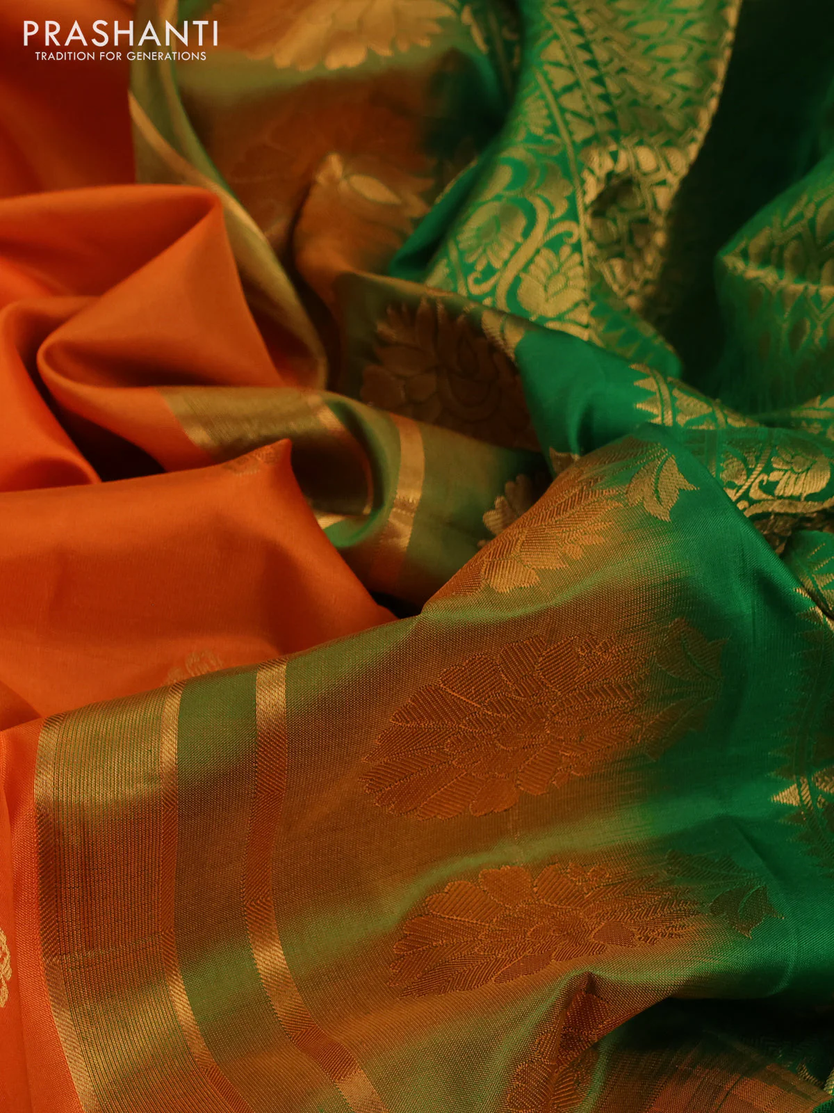 Pure gadwal silk saree orange and green with zari woven buttas and temple design zari woven border - Image 3