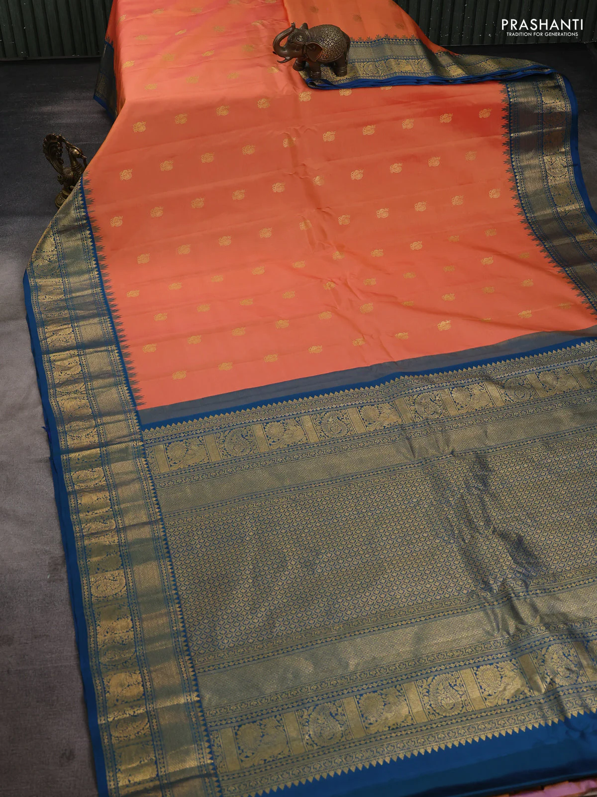 Pure gadwal silk saree orange and peacock blue with annam zari woven buttas and temple design zari woven border - Image 2