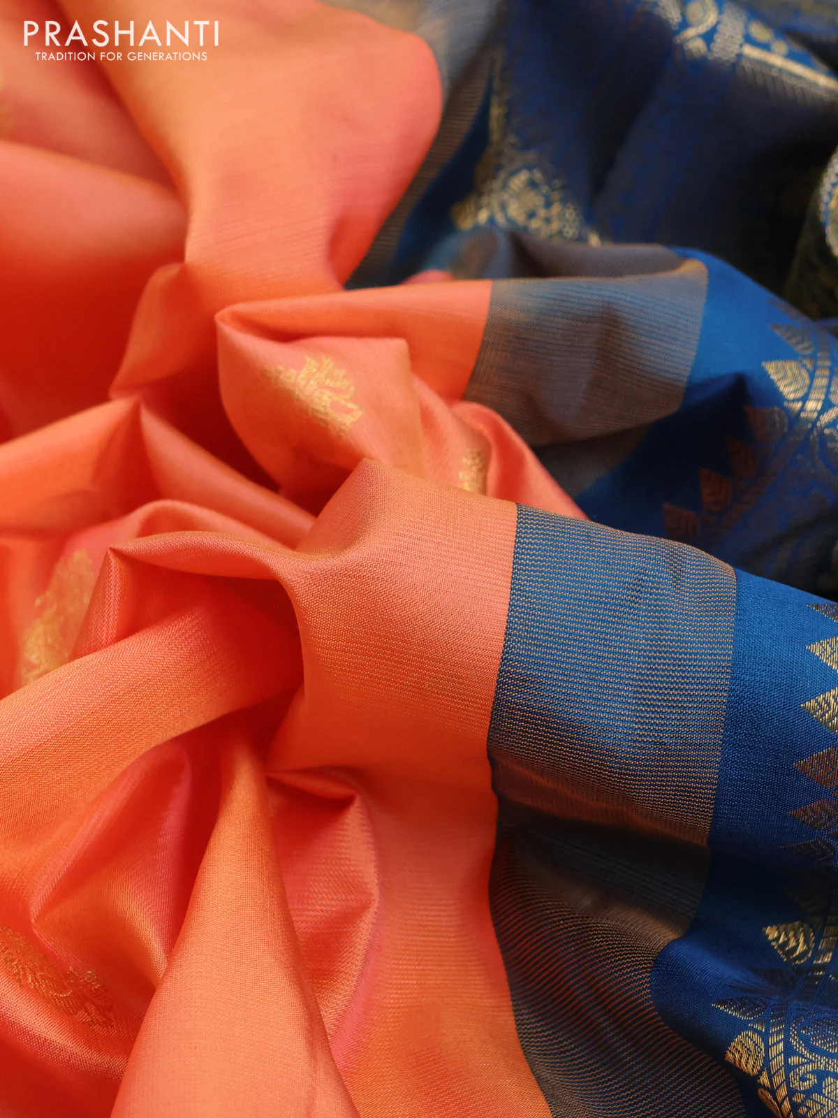 Pure gadwal silk saree orange and peacock blue with annam zari woven buttas and temple design zari woven border - Image 3