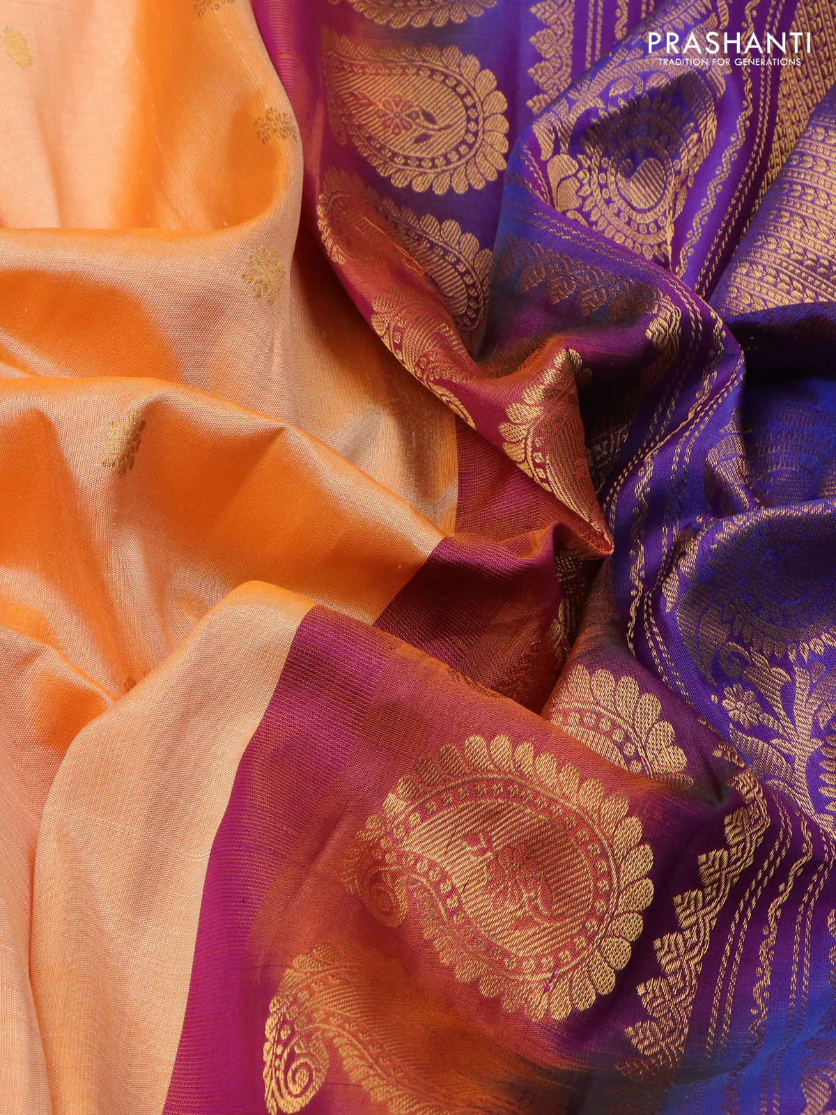 Pure gadwal silk saree pale orange and purple with zari woven buttas and temple design zari woven border - Image 3