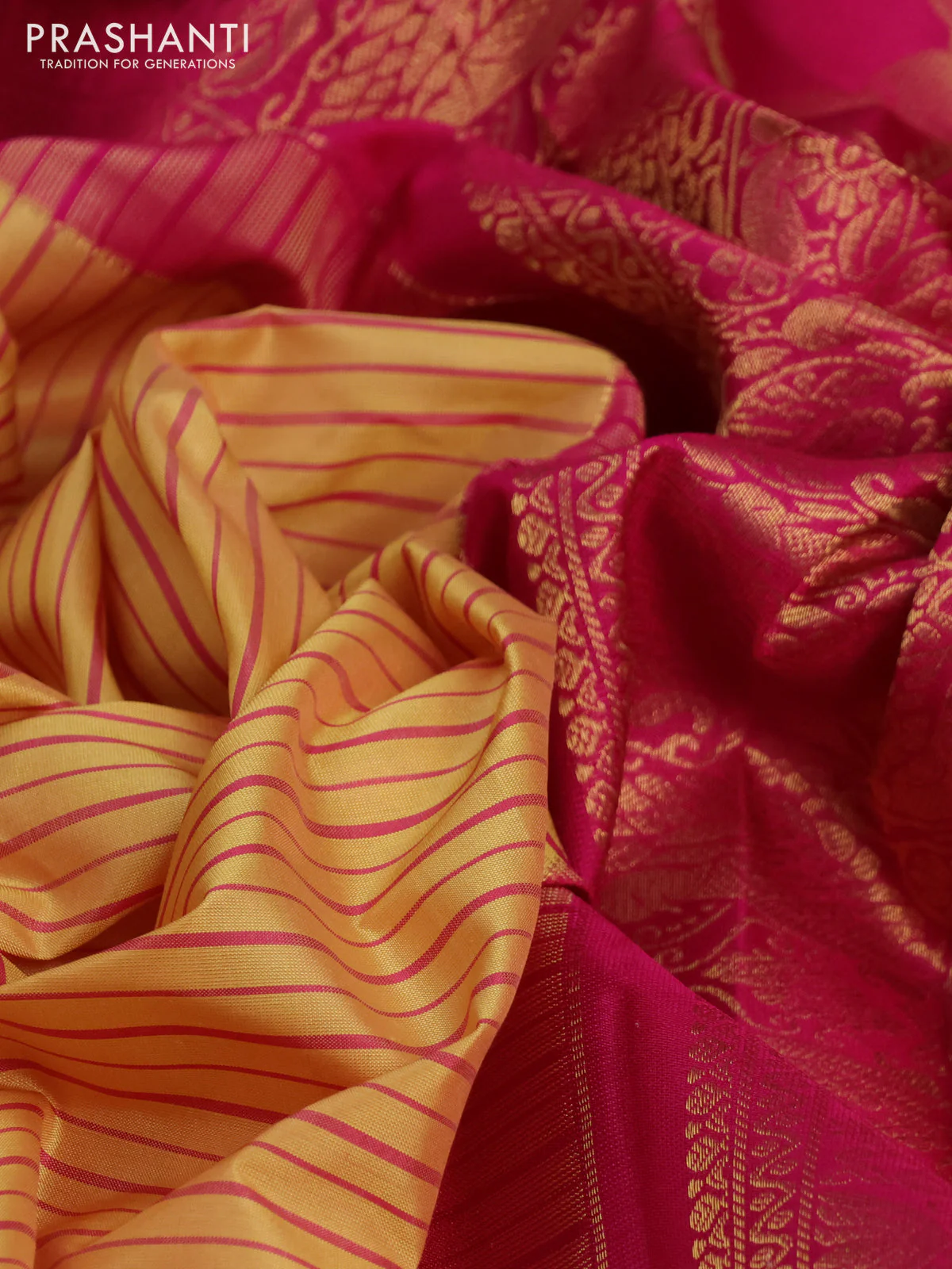 Pure gadwal silk saree pale yellow and pink with allover stripe pattern and zari woven korvai border - Image 3