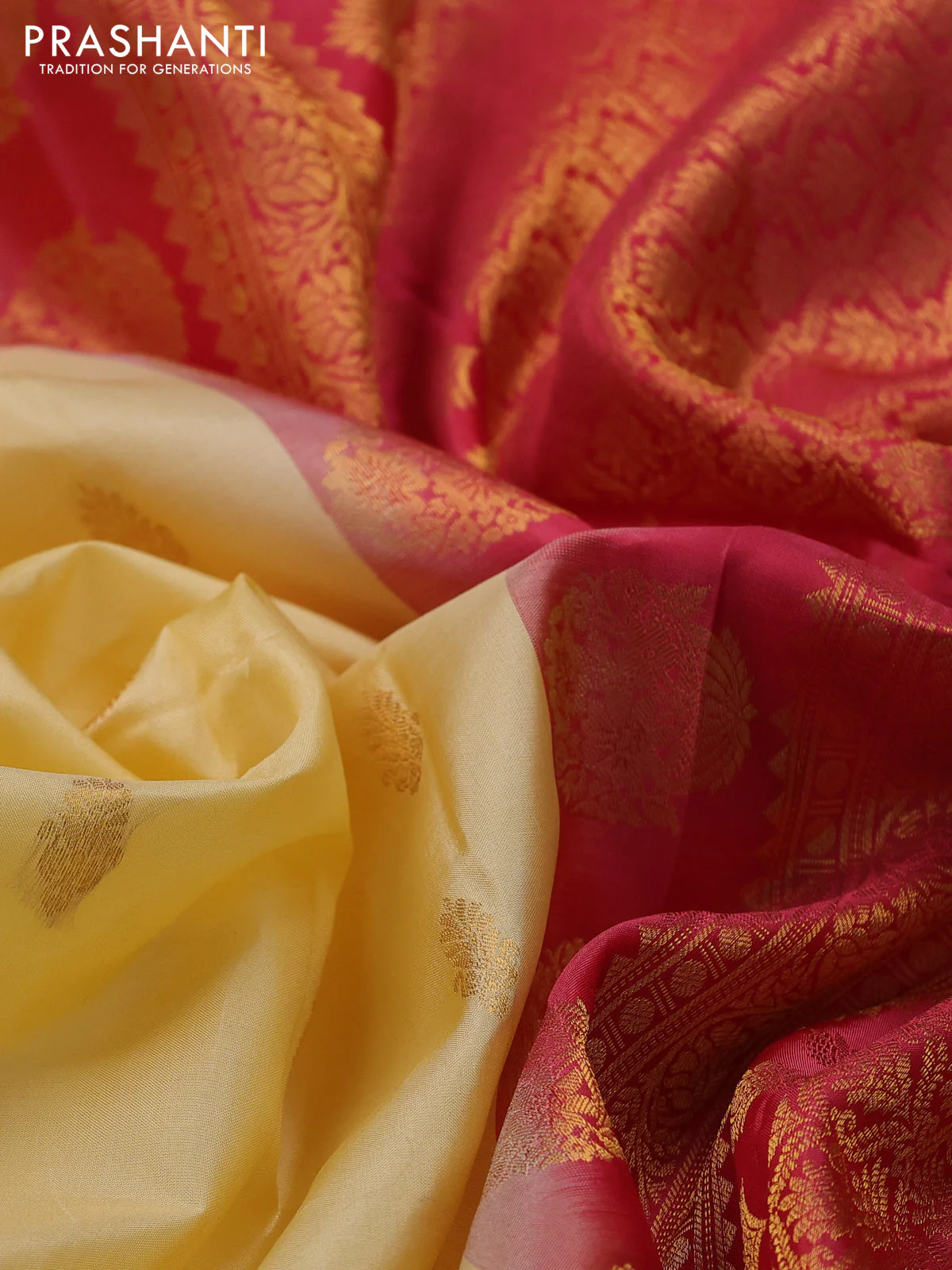 Pure gadwal silk saree pale yellow and red with zari woven buttas and temple design zari woven border - Image 3