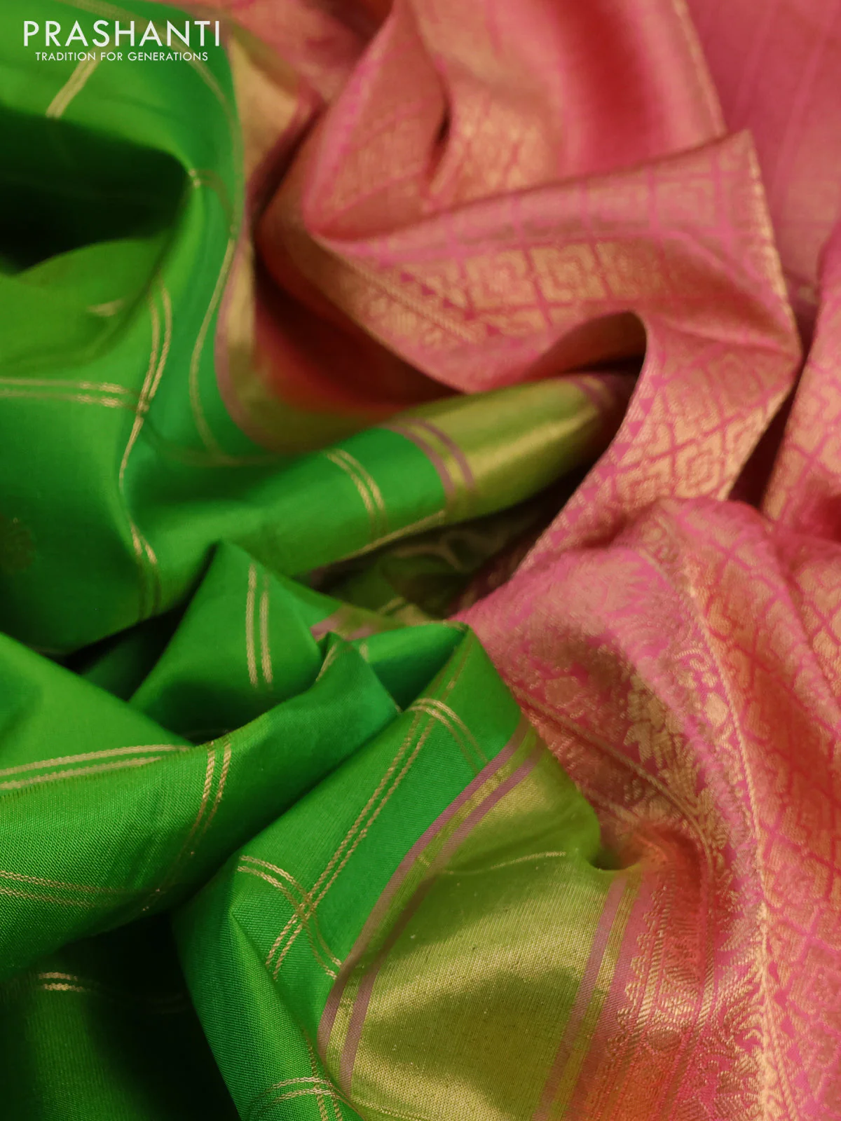 Pure gadwal silk saree parrot green and peach pink with allover zari checks & buttas and temple design zari woven border - Image 3