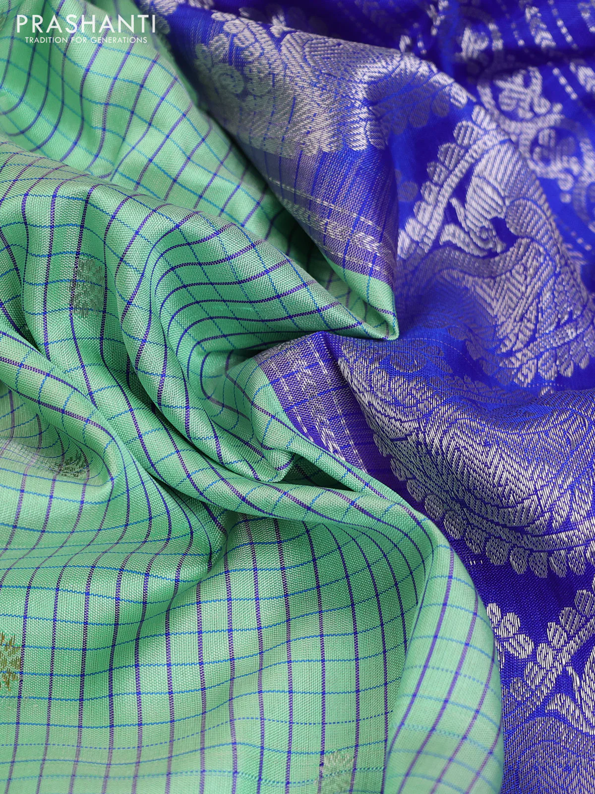 Pure gadwal silk saree pastel green and blue with allover checked pattern & zari buttas and long silver zari woven border - Image 3