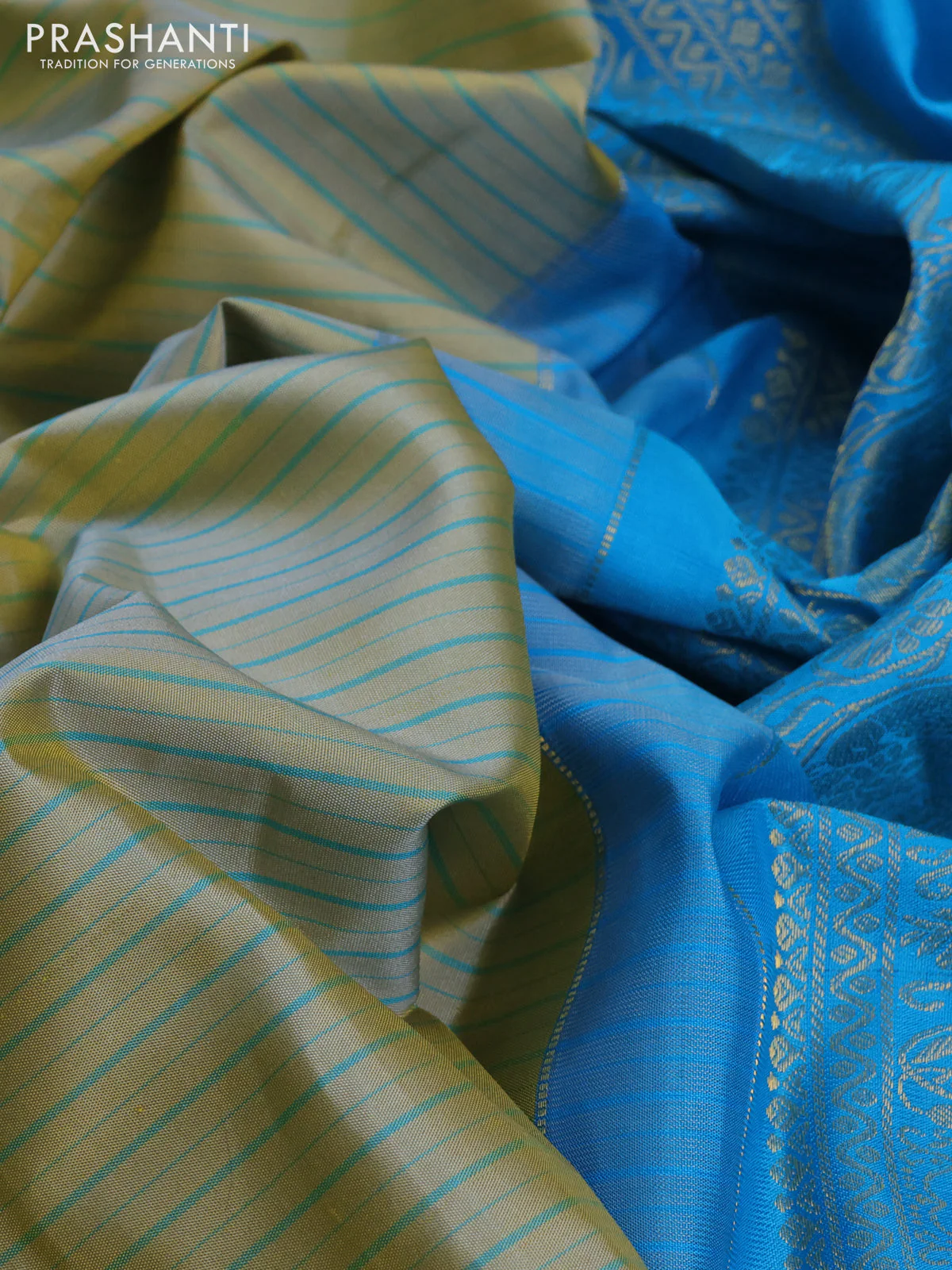 Pure gadwal silk saree pastel green and cs blue with allover stripe pattern and zari woven korvai border - Image 3