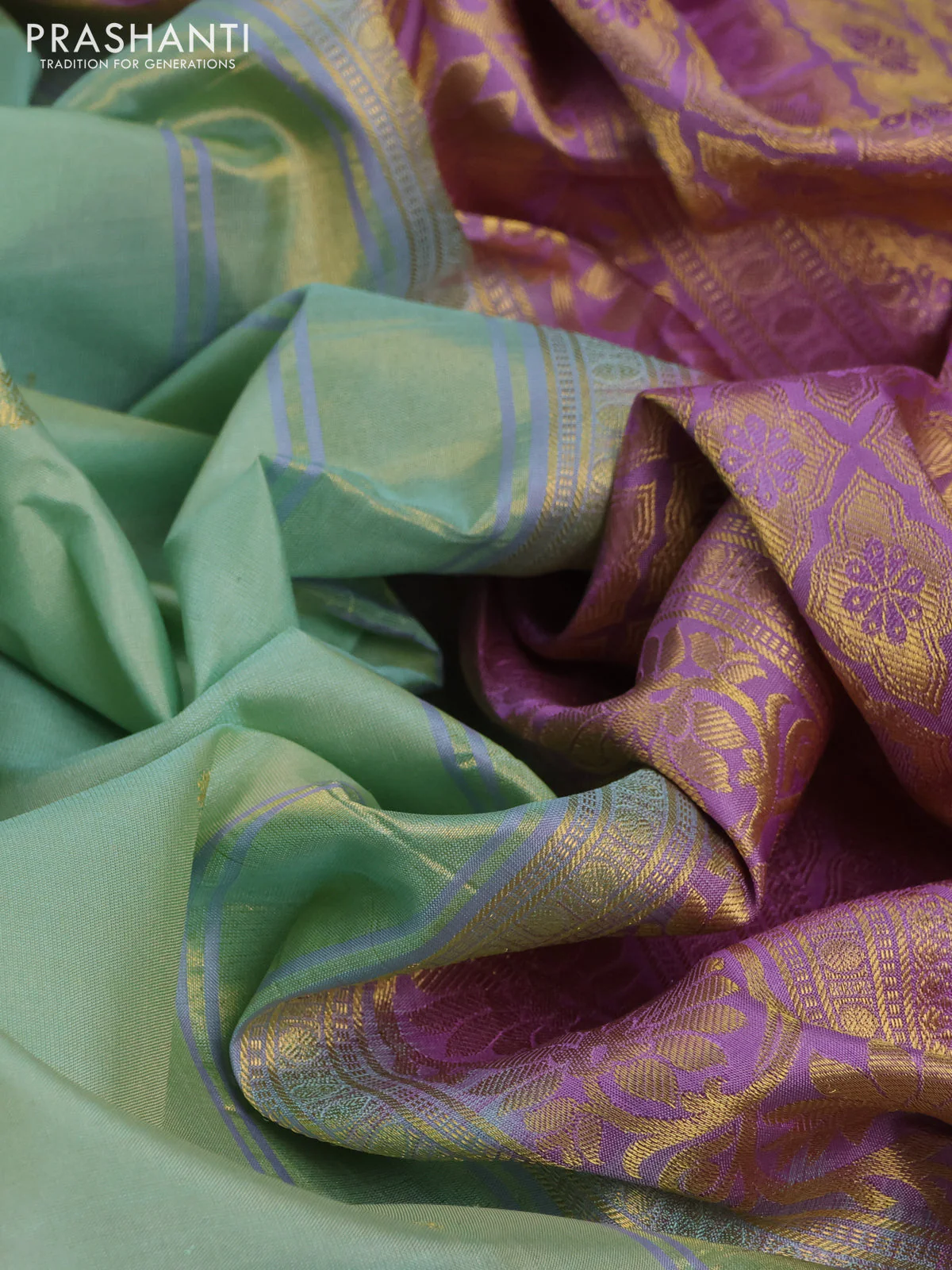 Pure gadwal silk saree pastel green and lavender with zari woven buttas and temple design zari woven korvai border - Image 3