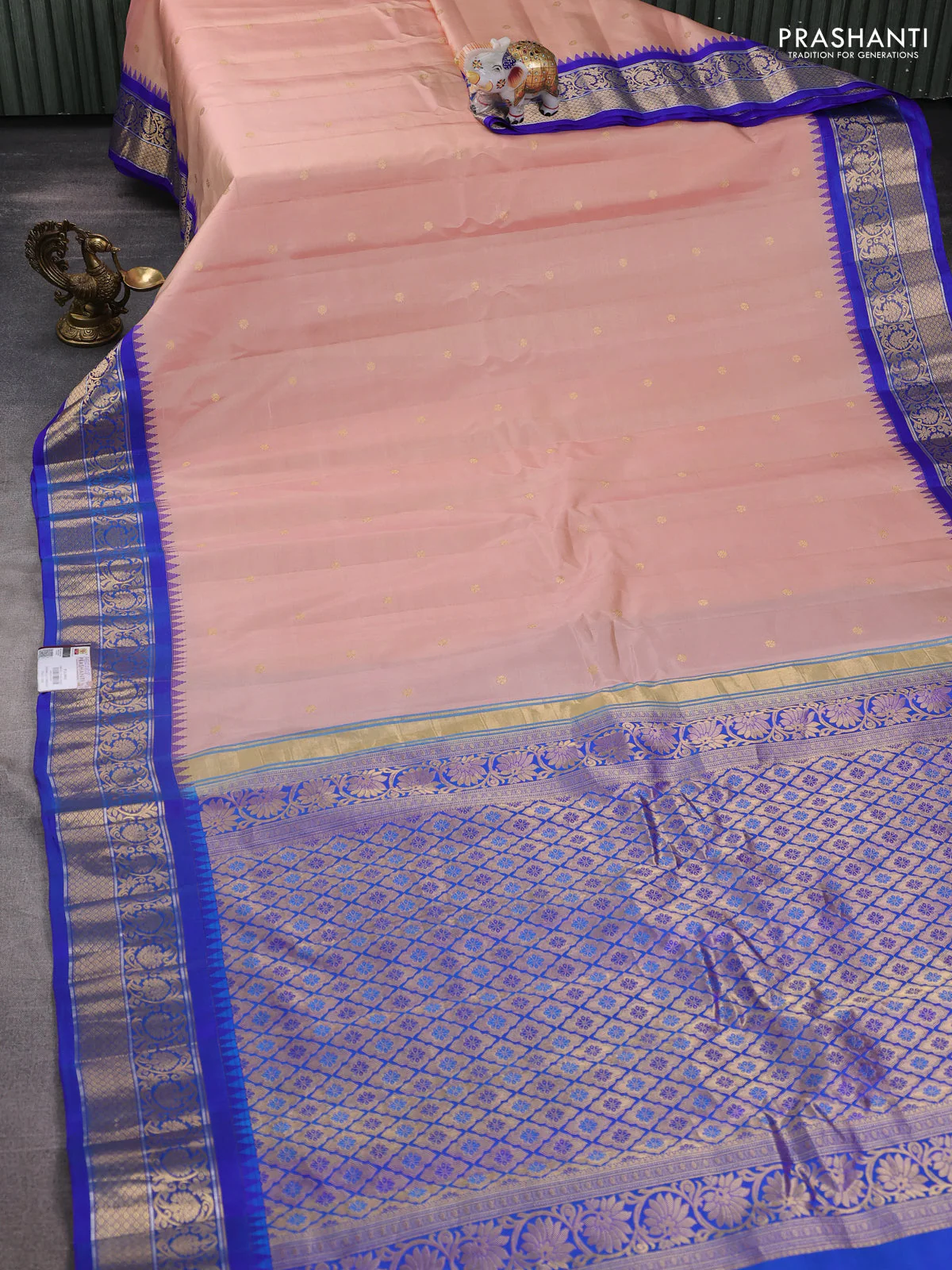 Pure gadwal silk saree pastel peach and blue with zari woven buttas and temple design zari woven border - Image 2