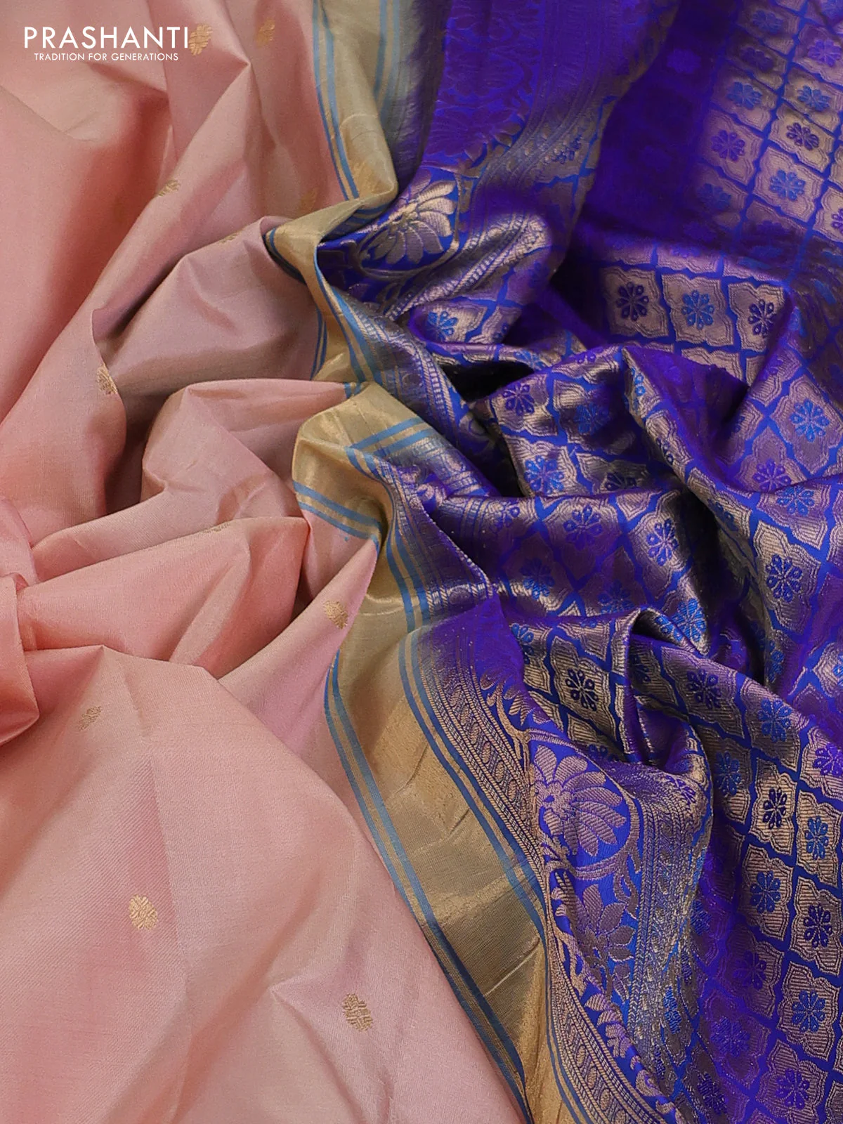 Pure gadwal silk saree pastel peach and blue with zari woven buttas and temple design zari woven border - Image 3