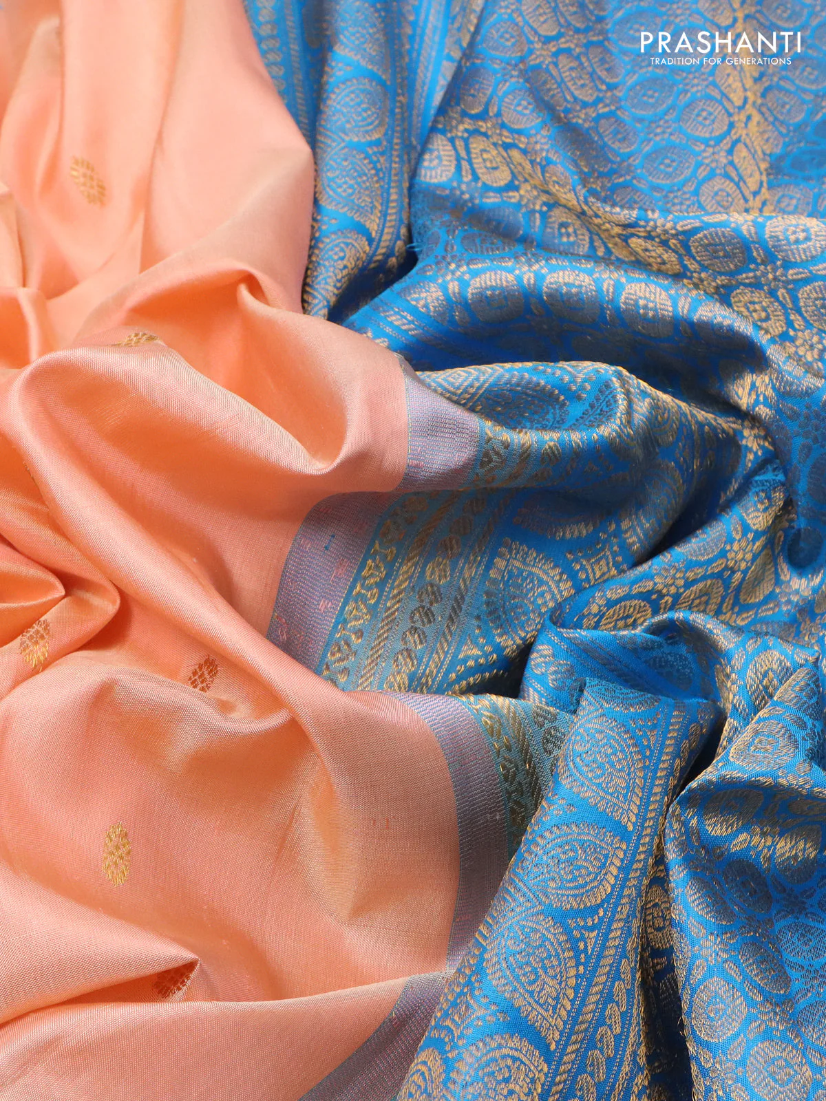 Pure gadwal silk saree peach orange and cs blue with zari woven buttas and temple design zari woven border - Image 3