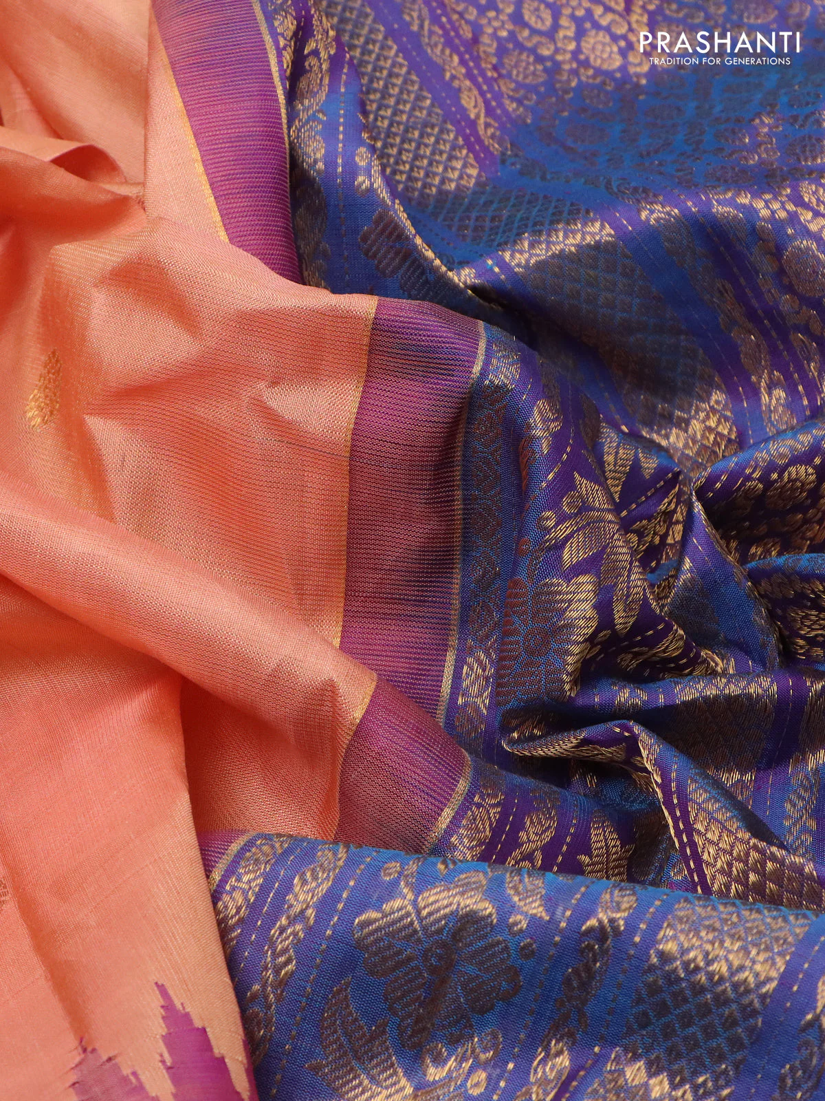 Pure gadwal silk saree peach orange and dual shade of bluish purple with thread & zari woven buttas and temple design zari woven border - Image 3