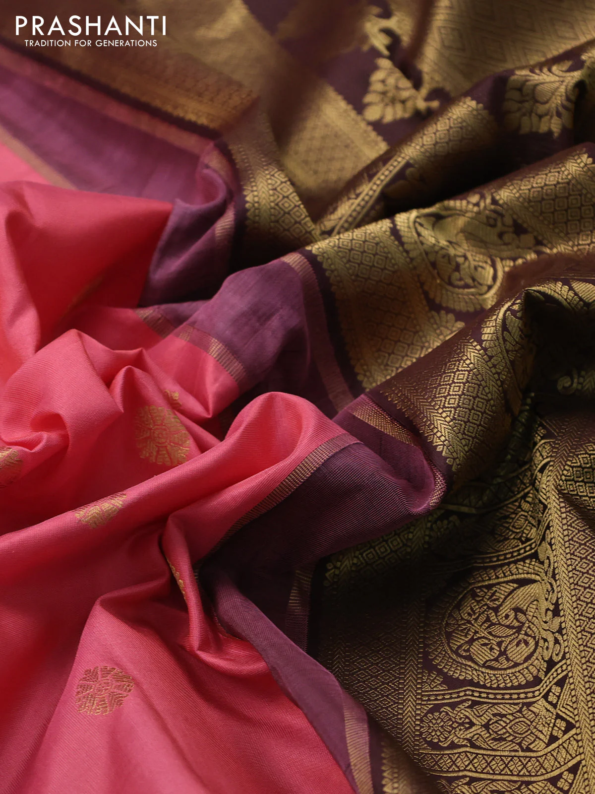 Pure gadwal silk saree peach pink and coffee brown with zari woven buttas and temple design zari woven border - Image 3