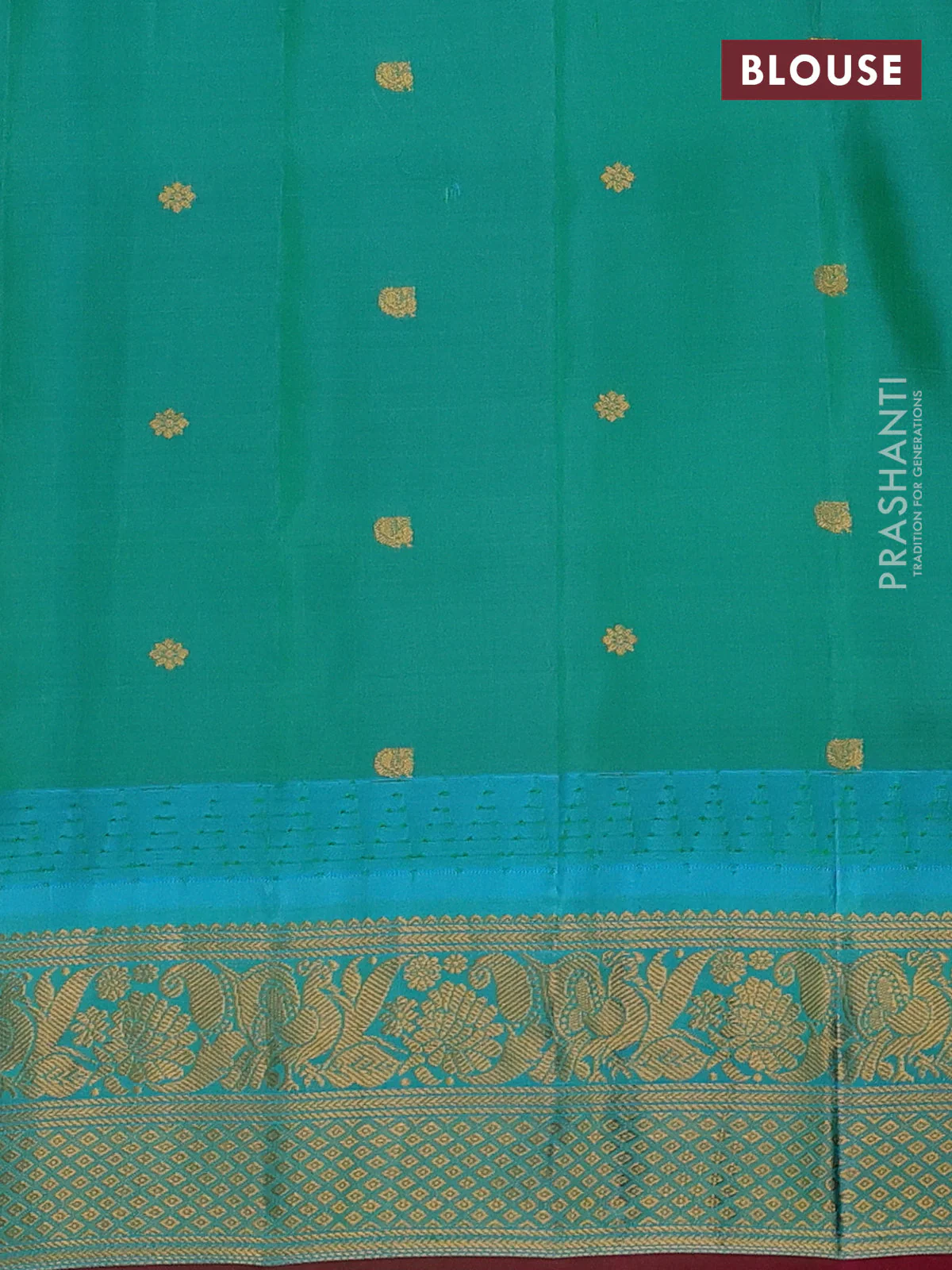 Pure gadwal silk saree peach pink shade and dual shade of teal bluish green with allover checks & zari buttas and temple design zari woven border - Image 4