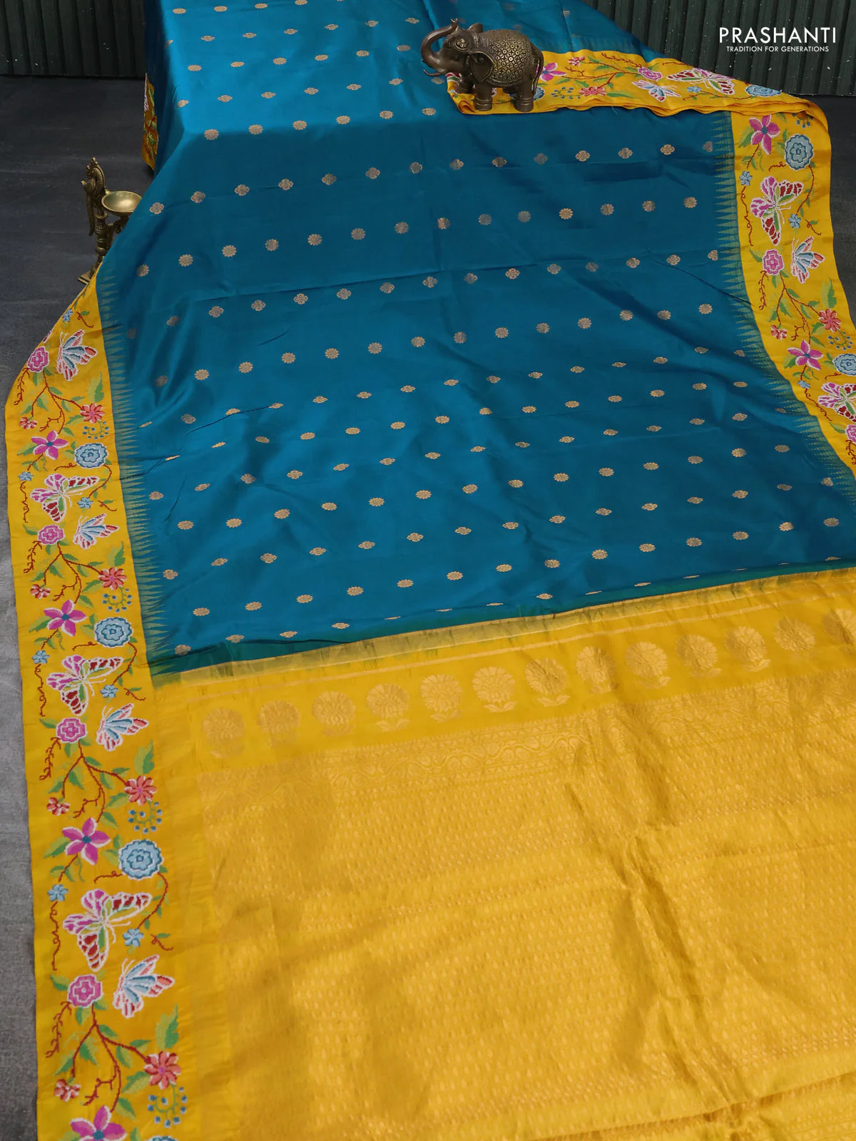 Pure gadwal silk saree peacock blue and mango yellow with zari woven buttas and temple design convent embroidery border - Image 2