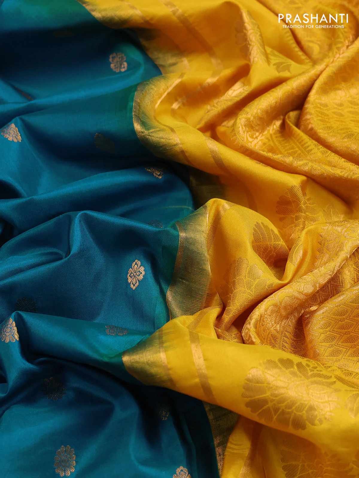 Pure gadwal silk saree peacock blue and mango yellow with zari woven buttas and temple design convent embroidery border - Image 3