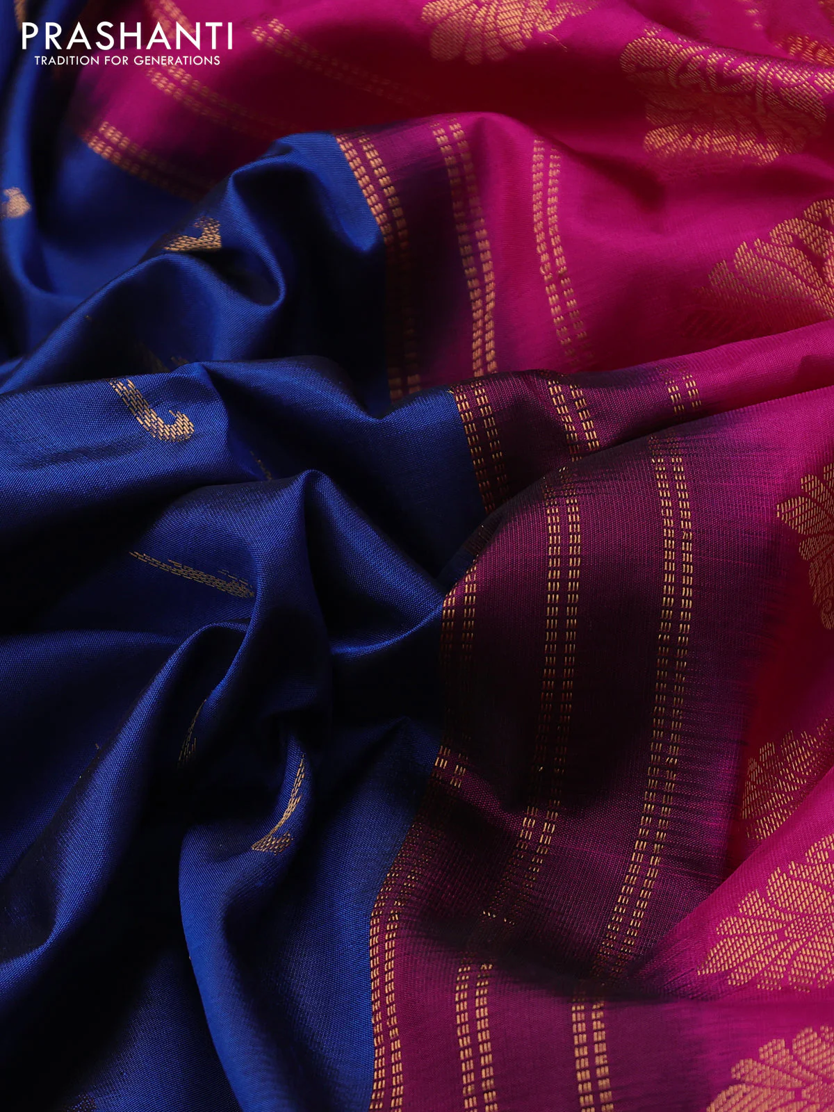 Pure gadwal silk saree peacock blue and pink with zari woven muniya buttas and temple design zari woven border - Image 3