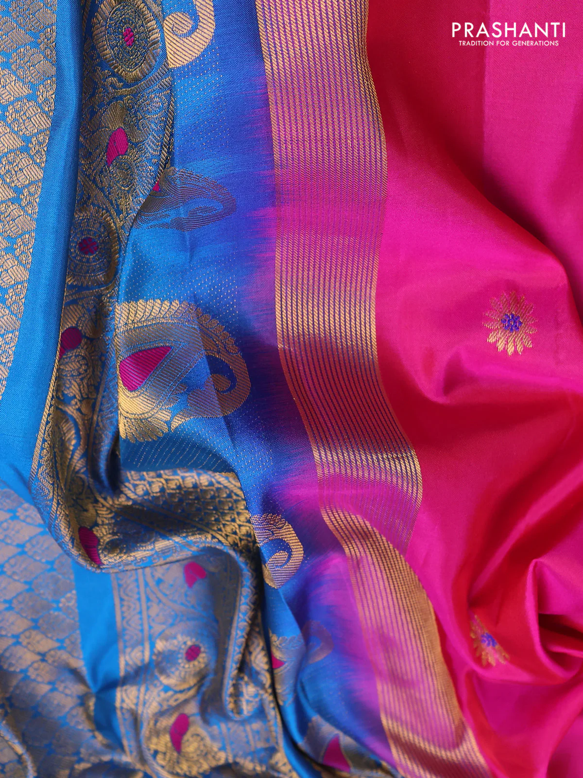 Pure gadwal silk saree pink and cs blue with paisley zari woven buttas and temple design zari woven border - Image 3