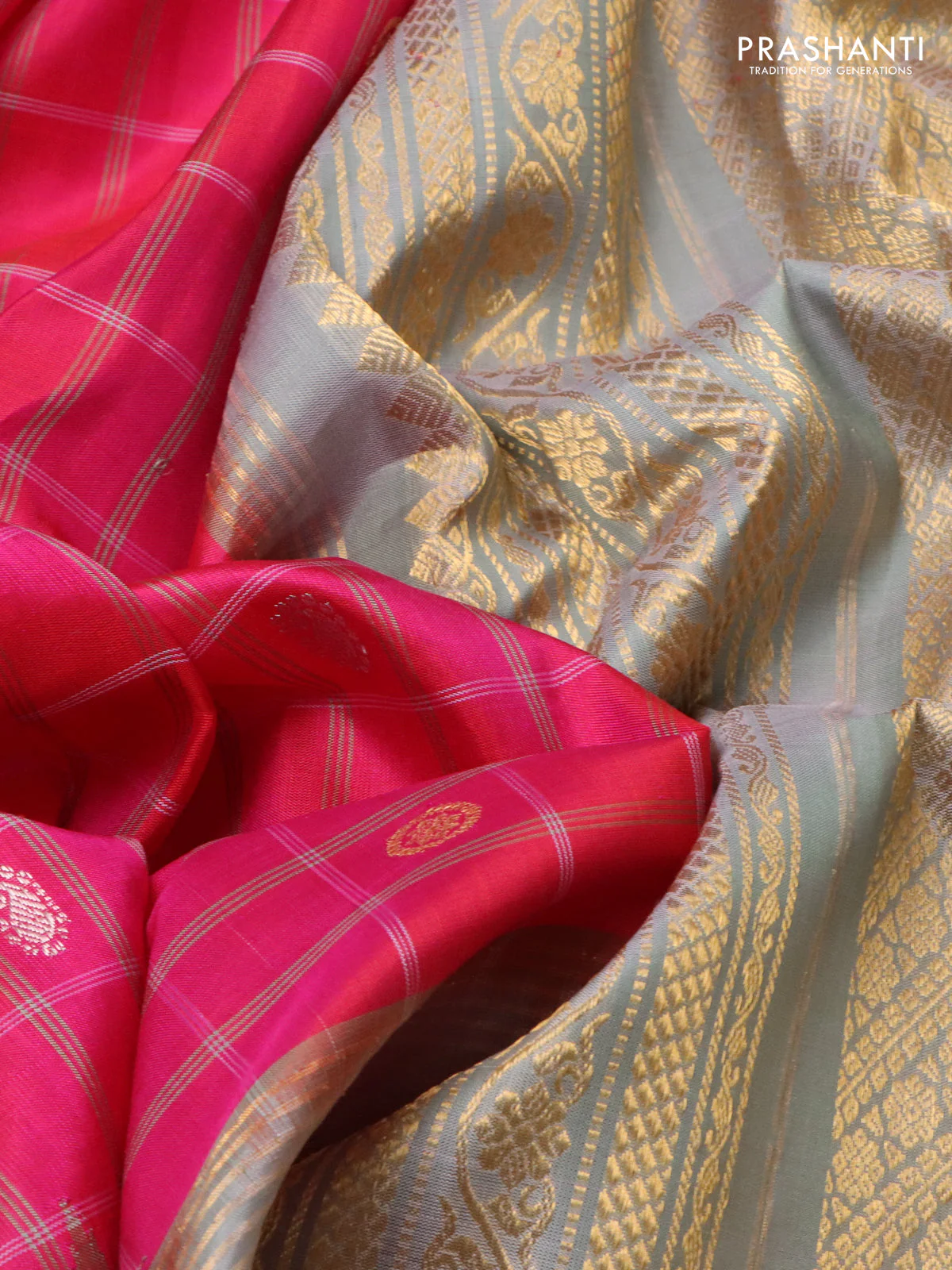 Pure gadwal silk saree pink and greyish green with allover checks & zari buttas and temple design zari woven border - Image 3