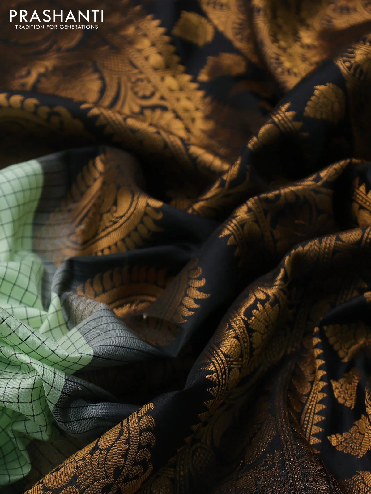 Pure gadwal silk saree pista green and black with allover zari checks & buttas and temple design zari woven border - Image 3