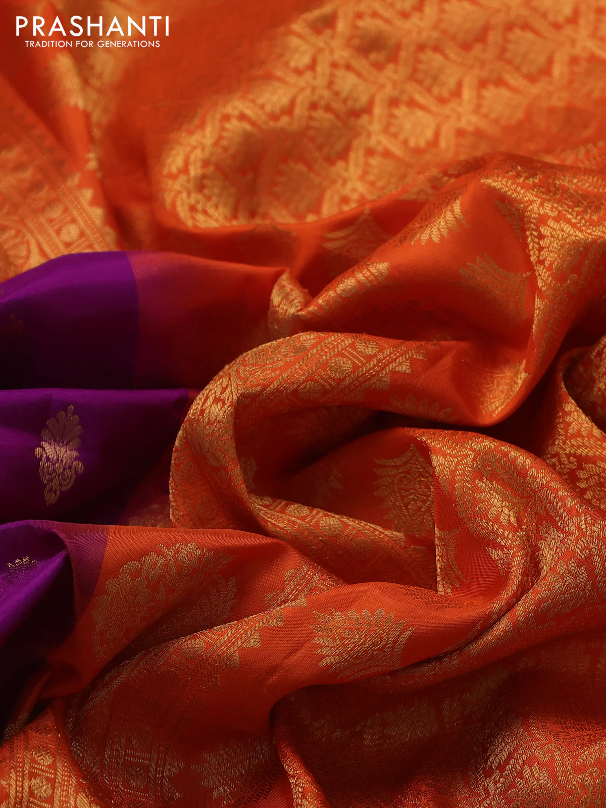Pure gadwal silk saree purple and orange with zari woven buttas and temple design zari woven border - Image 3