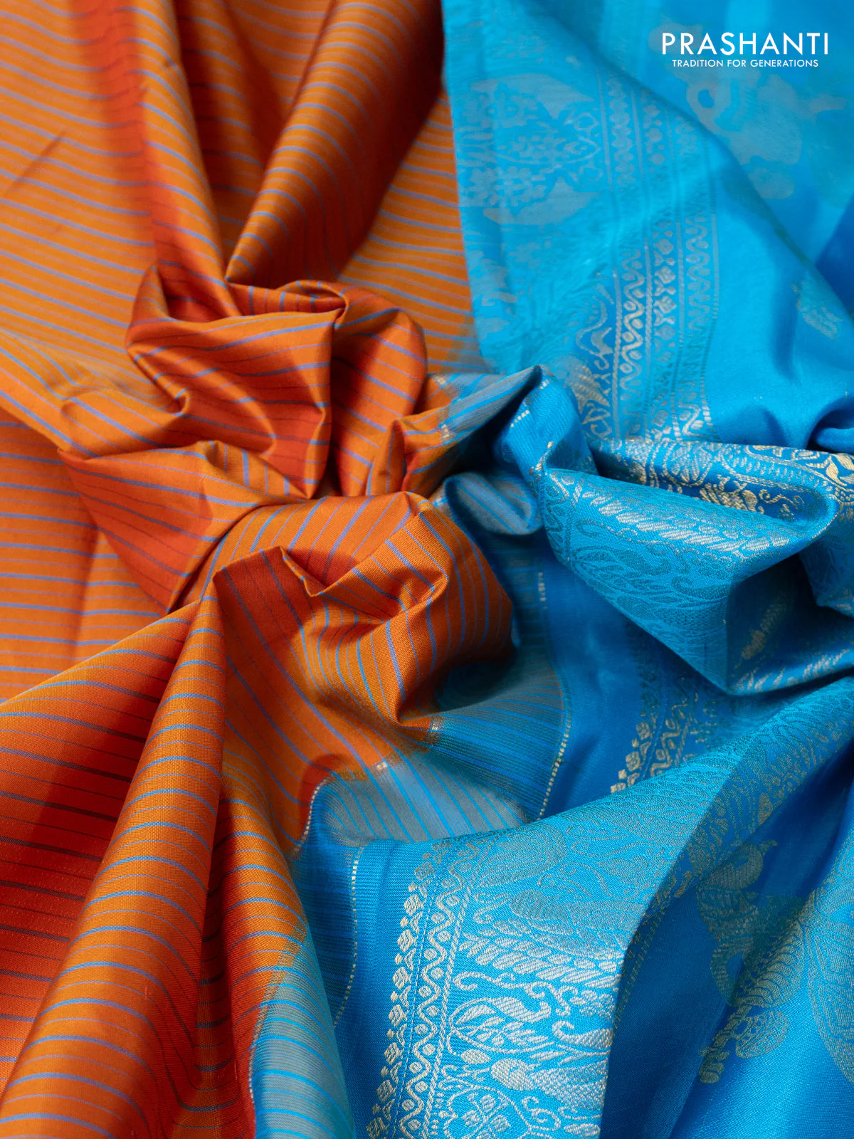 Pure gadwal silk saree rustic orange and blue with allover stripe pattern and rich zari woven border - Image 3