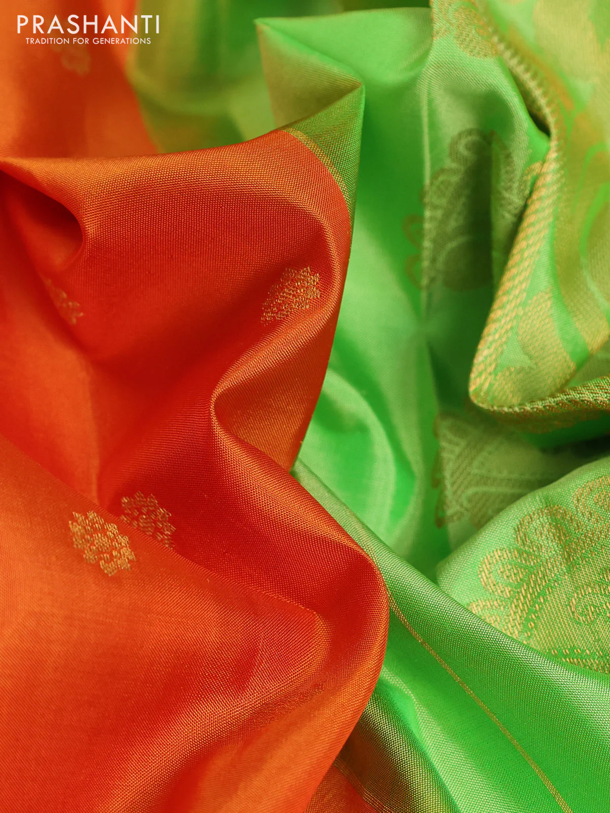 Pure gadwal silk saree sunset orange and light green with zari woven buttas and temple design zari woven border - Image 3