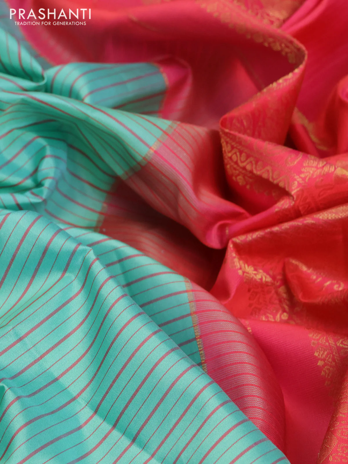 Pure gadwal silk saree teal blue and peach pink shade with allover stripe pattern and zari woven korvai border - Image 3