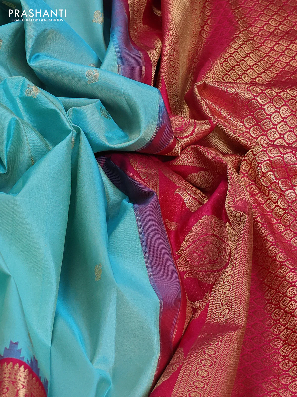 Pure gadwal silk saree teal blue and pink with annam & rudhraksha zari woven buttas and temple design zari woven border - Image 3