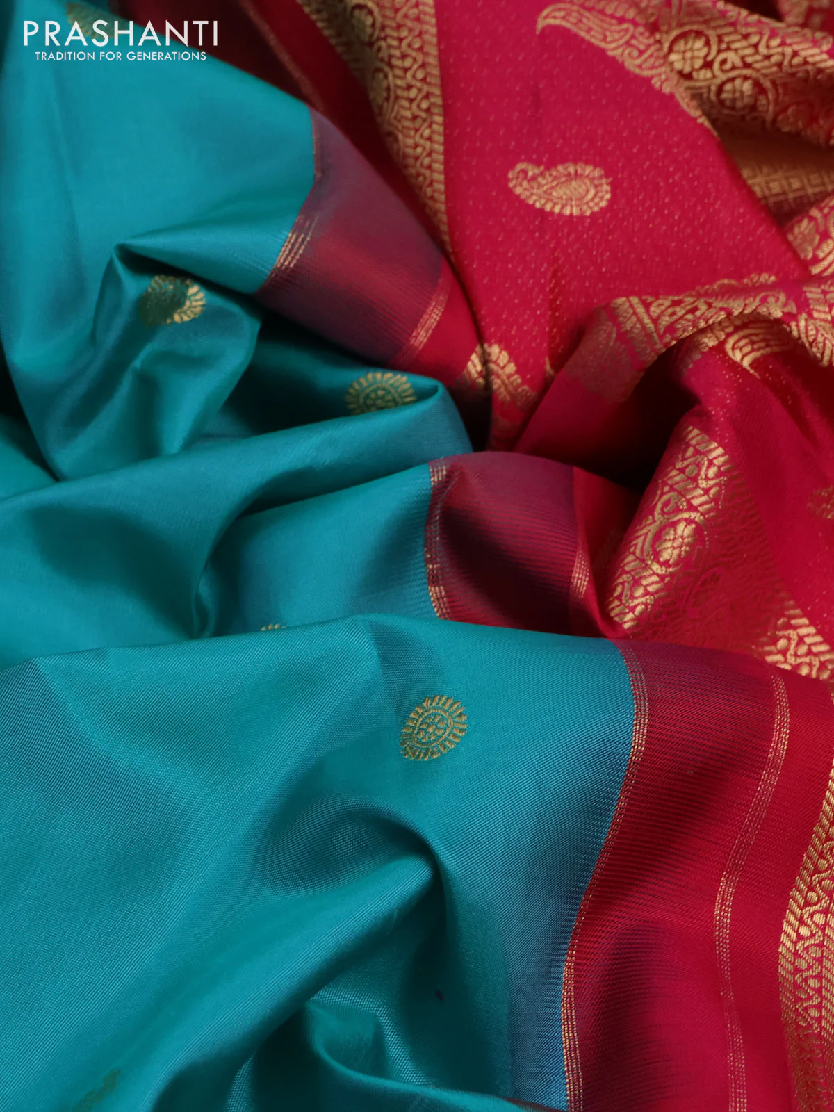Pure gadwal silk saree teal blue and pink with rudhraksha & annam zari woven buttas and temple design zari woven border - Image 3