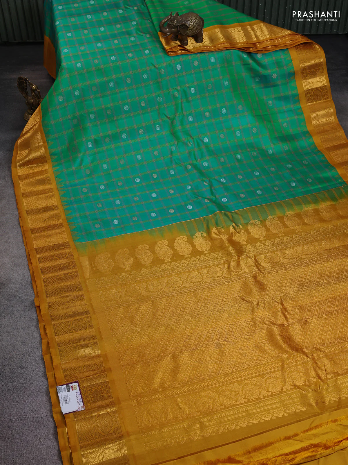 Pure gadwal silk saree teal bluish green and dark mustard with allover checks & zari buttas and temple design zari woven border - Image 2