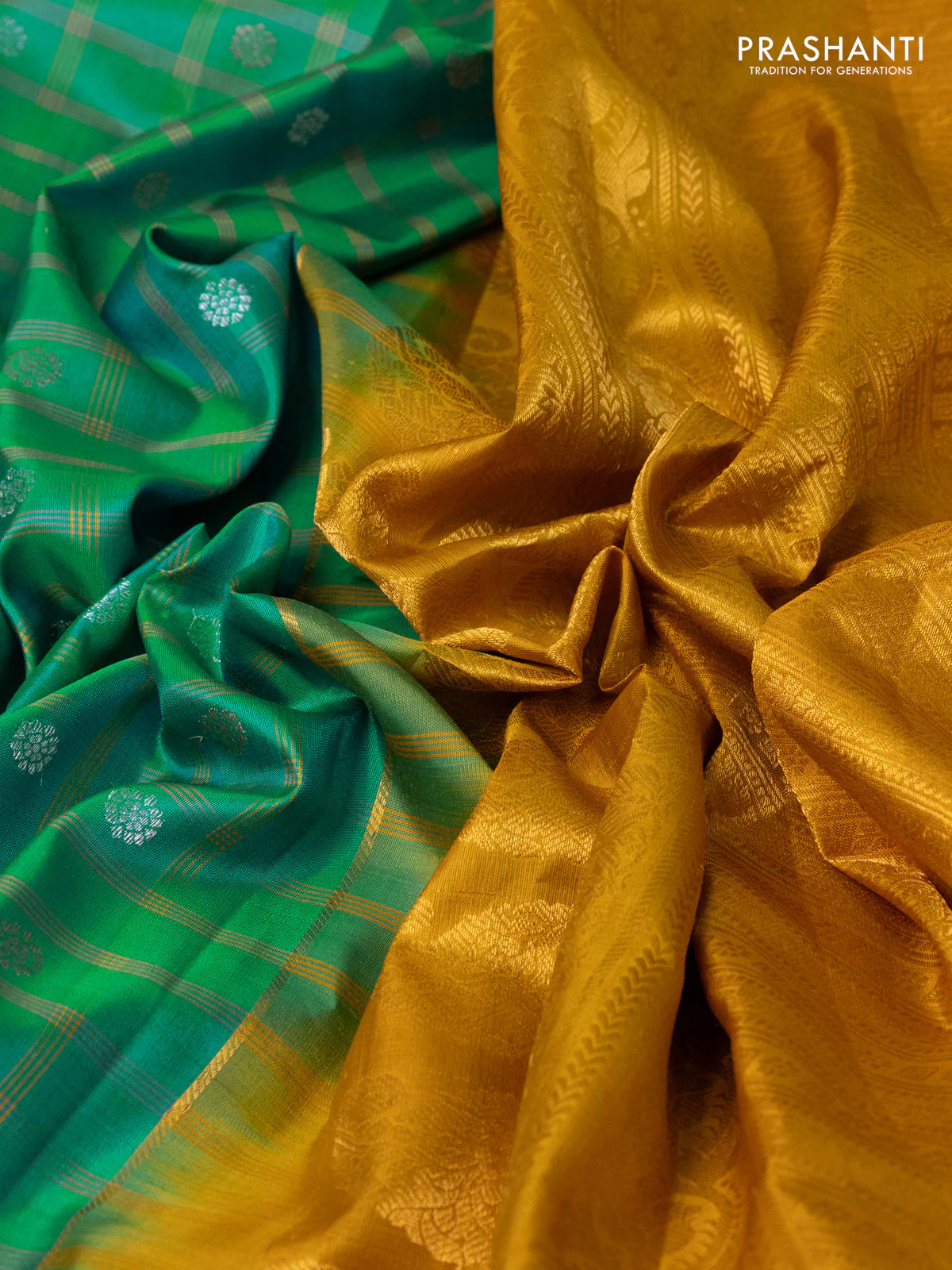 Pure gadwal silk saree teal bluish green and dark mustard with allover checks & zari buttas and temple design zari woven border - Image 3