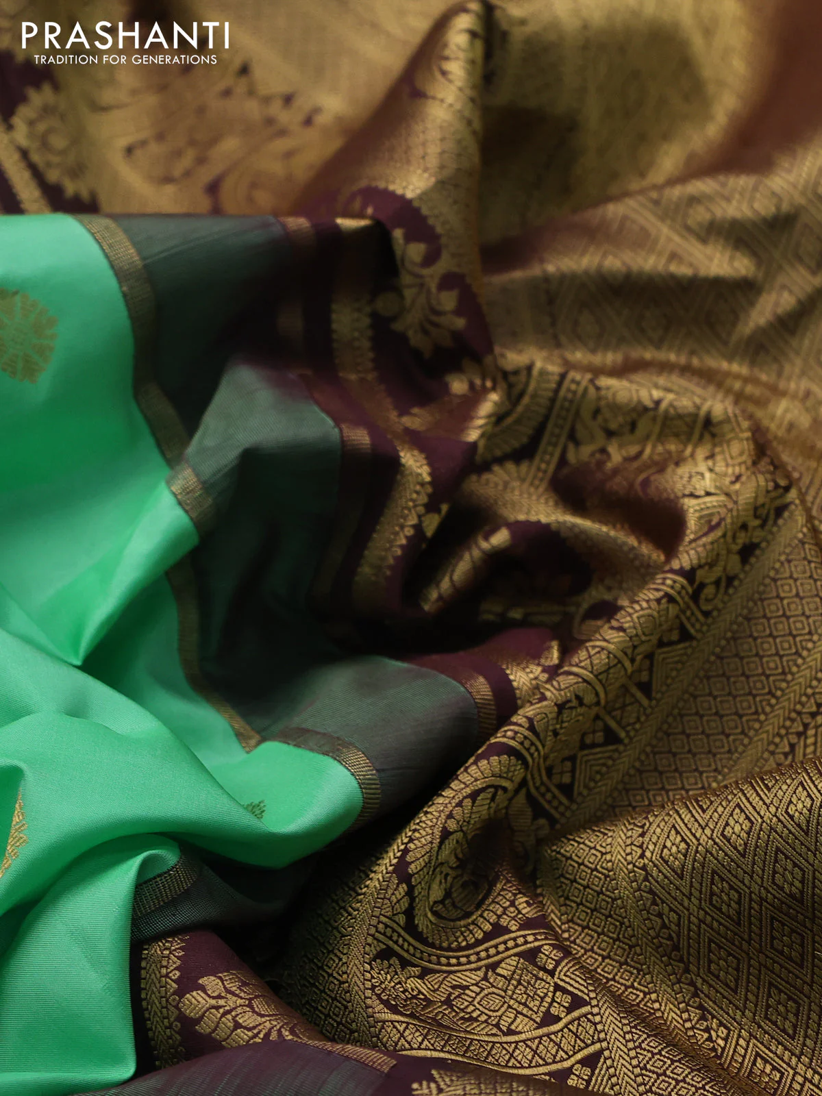Pure gadwal silk saree teal green shade and coffee brown with zari woven buttas and temple design zari woven border - Image 3