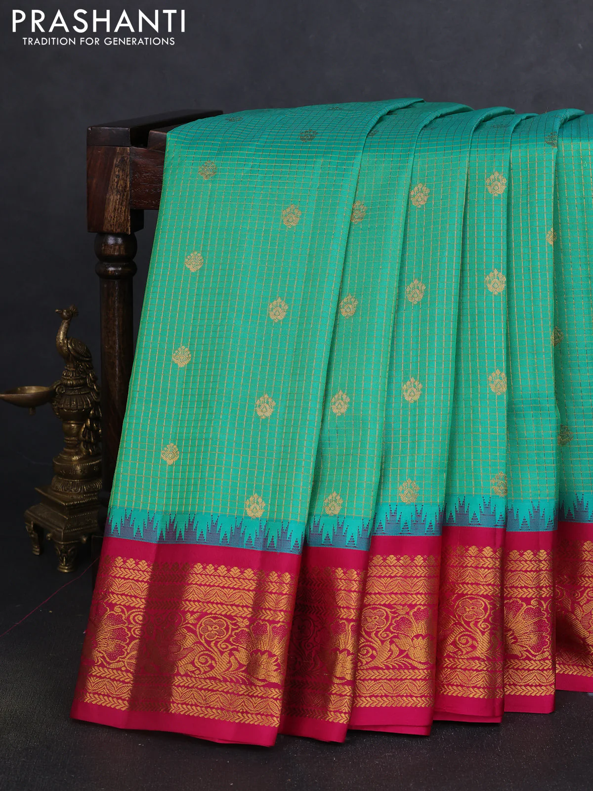Pure gadwal silk saree teal green shade and pink with allover zari checks & buttas and temple design zari woven border