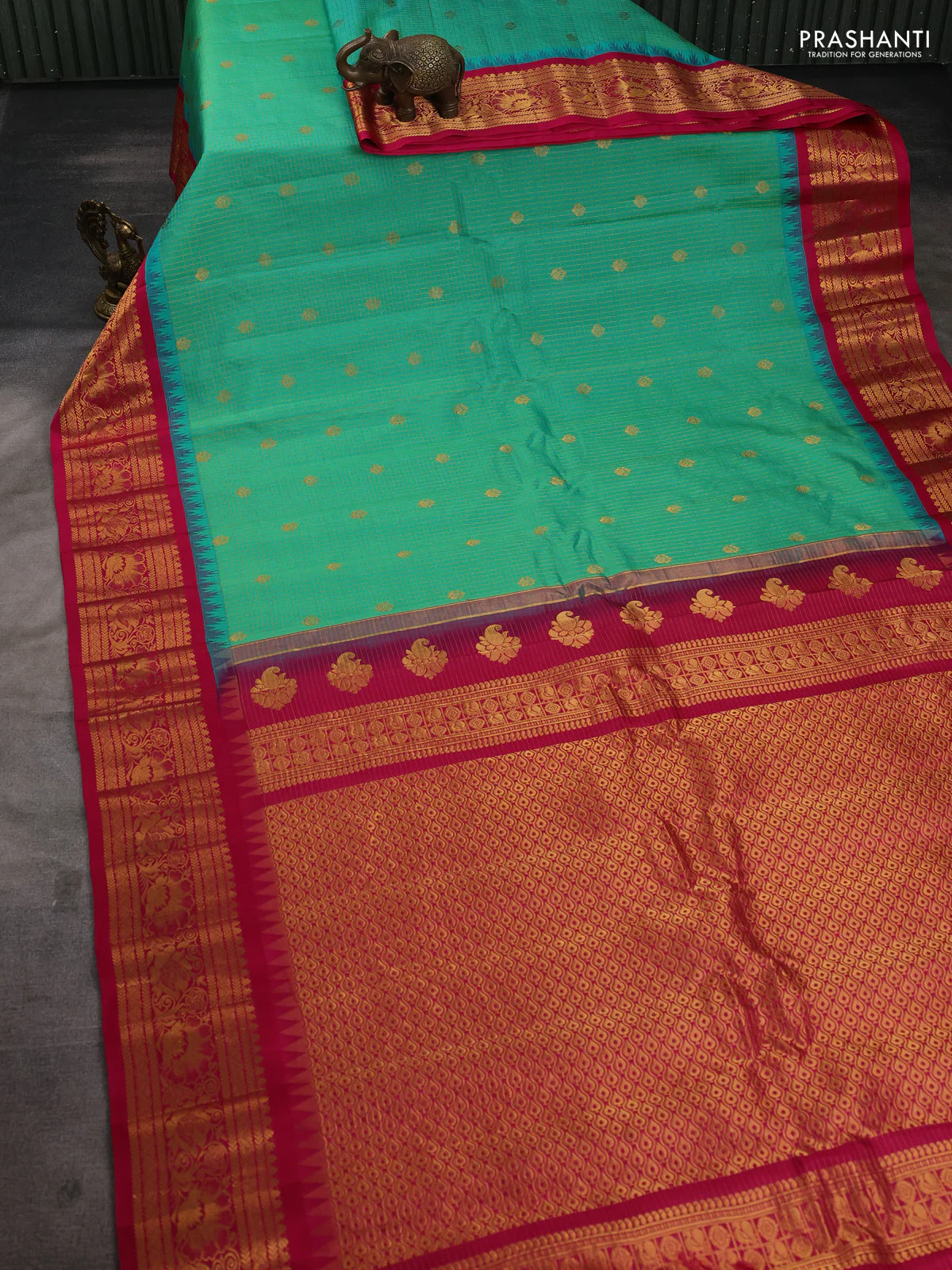 Pure gadwal silk saree teal green shade and pink with allover zari checks & buttas and temple design zari woven border - Image 2