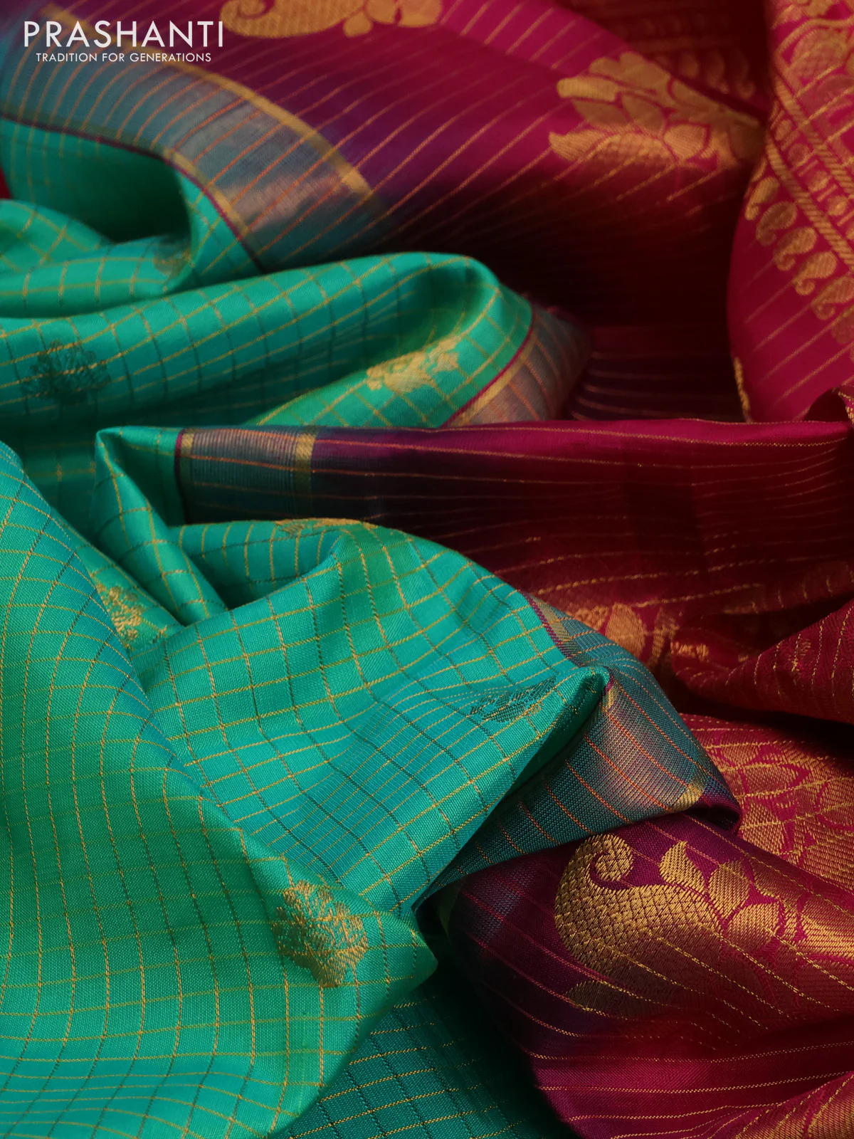 Pure gadwal silk saree teal green shade and pink with allover zari checks & buttas and temple design zari woven border - Image 3
