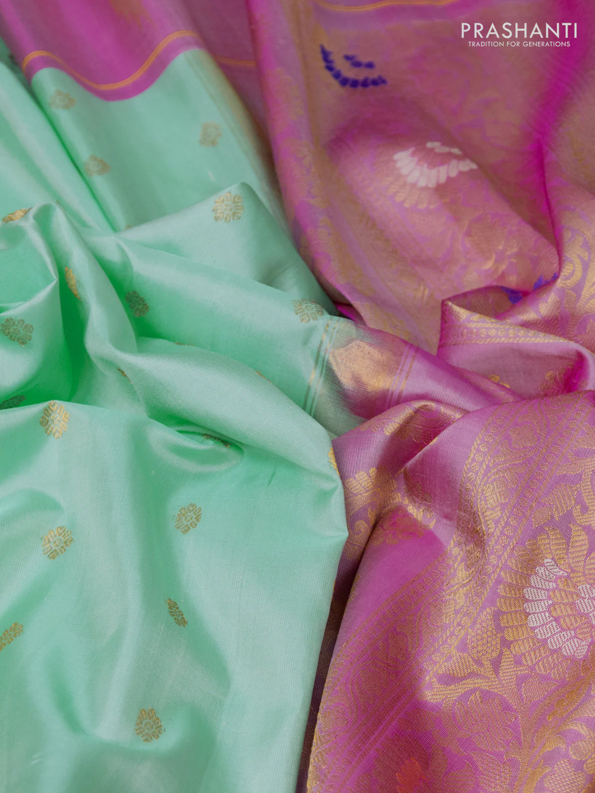 Pure gadwal silk saree teal green shade and pink with zari woven buttas and zari woven peacock butta border - Image 3