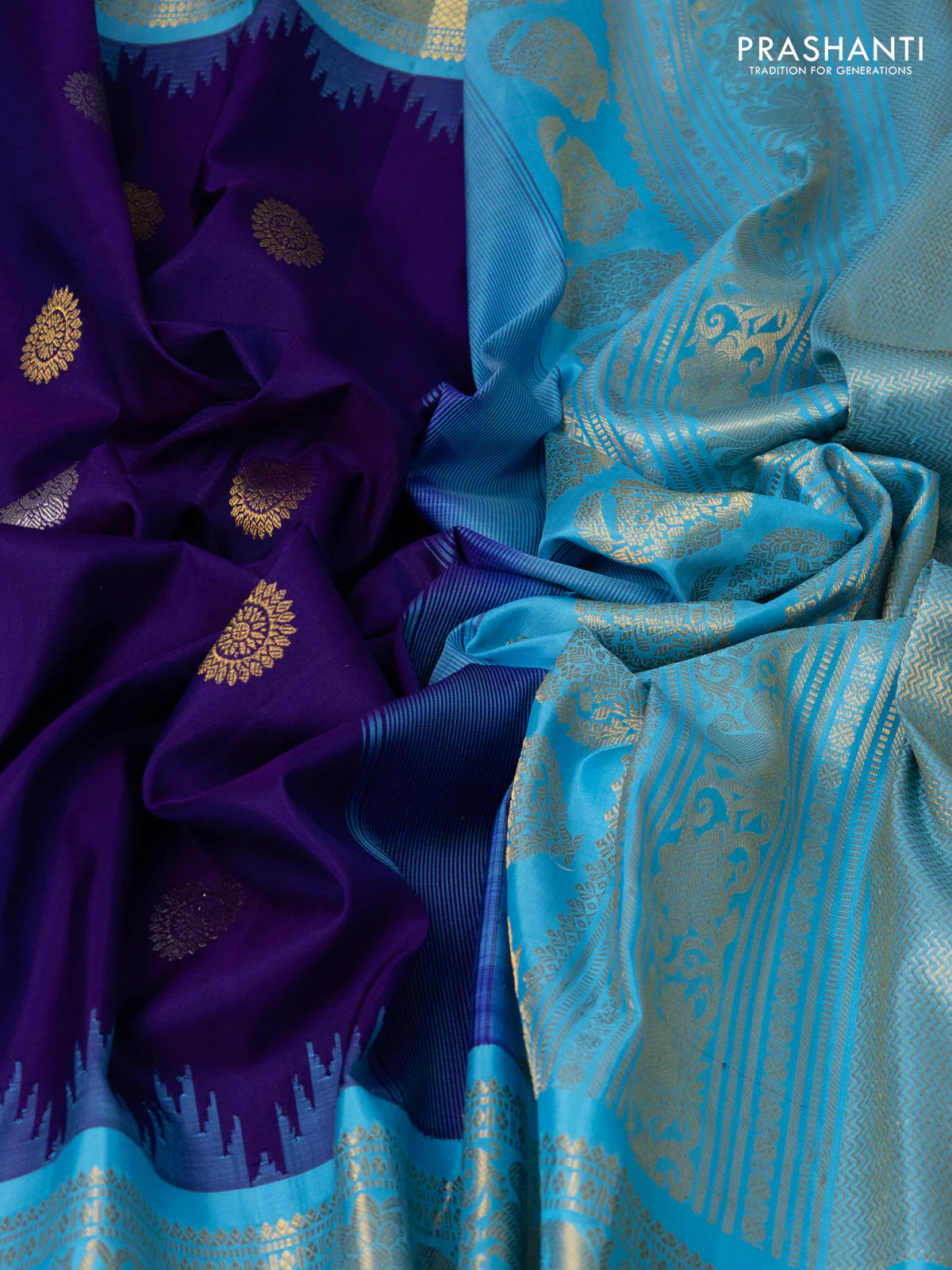 Pure gadwal silk saree violet and light blue with silver & gold zari woven buttas and temple design zari woven border - Image 3
