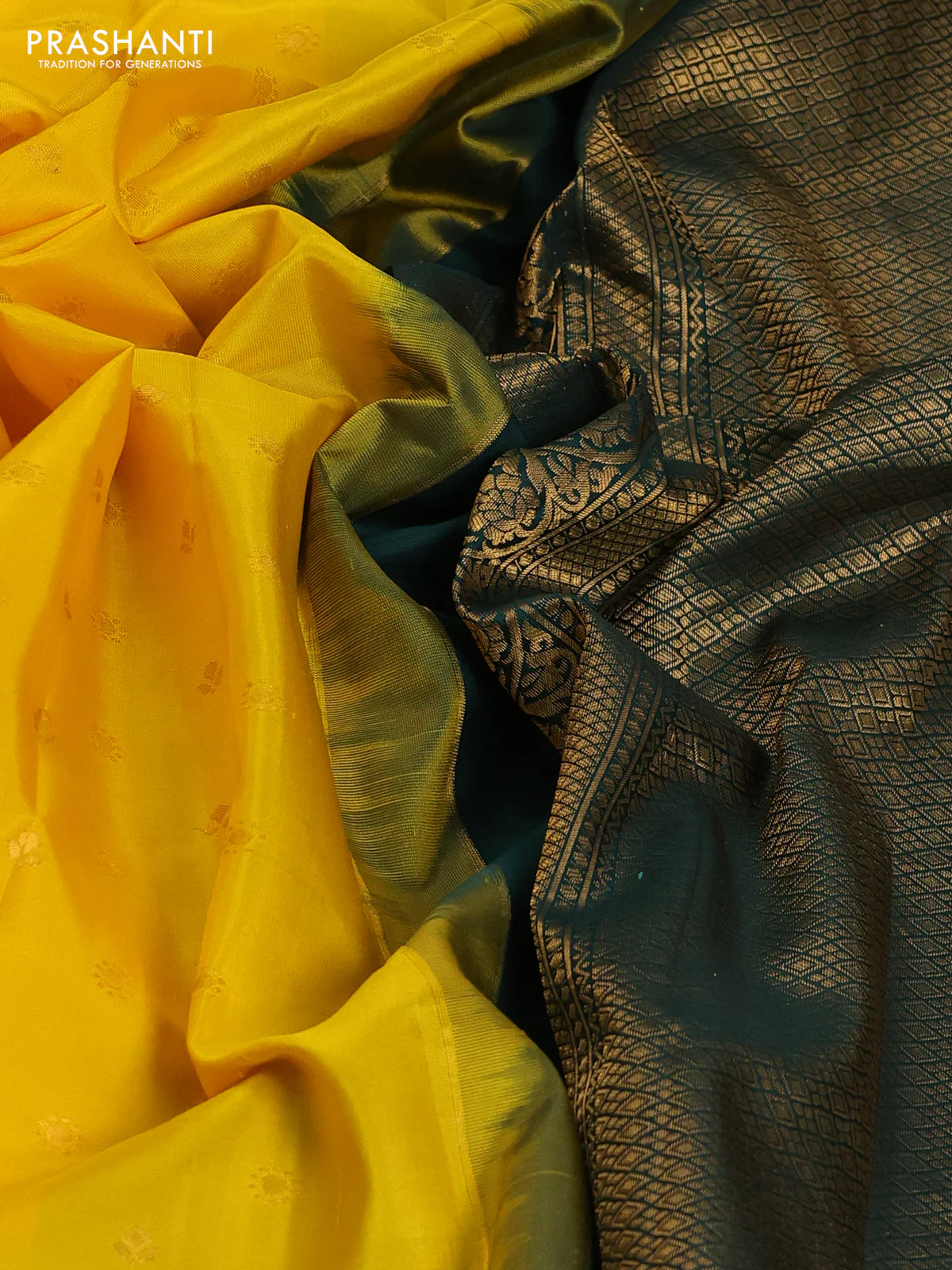 Pure gadwal silk saree yellow and bottle green with zari woven buttas and temple design zari woven border - Image 3