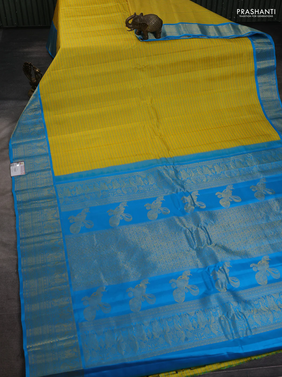 Pure gadwal silk saree yellow and cs blue with allover stripe pattern and zari woven korvai border - Image 2