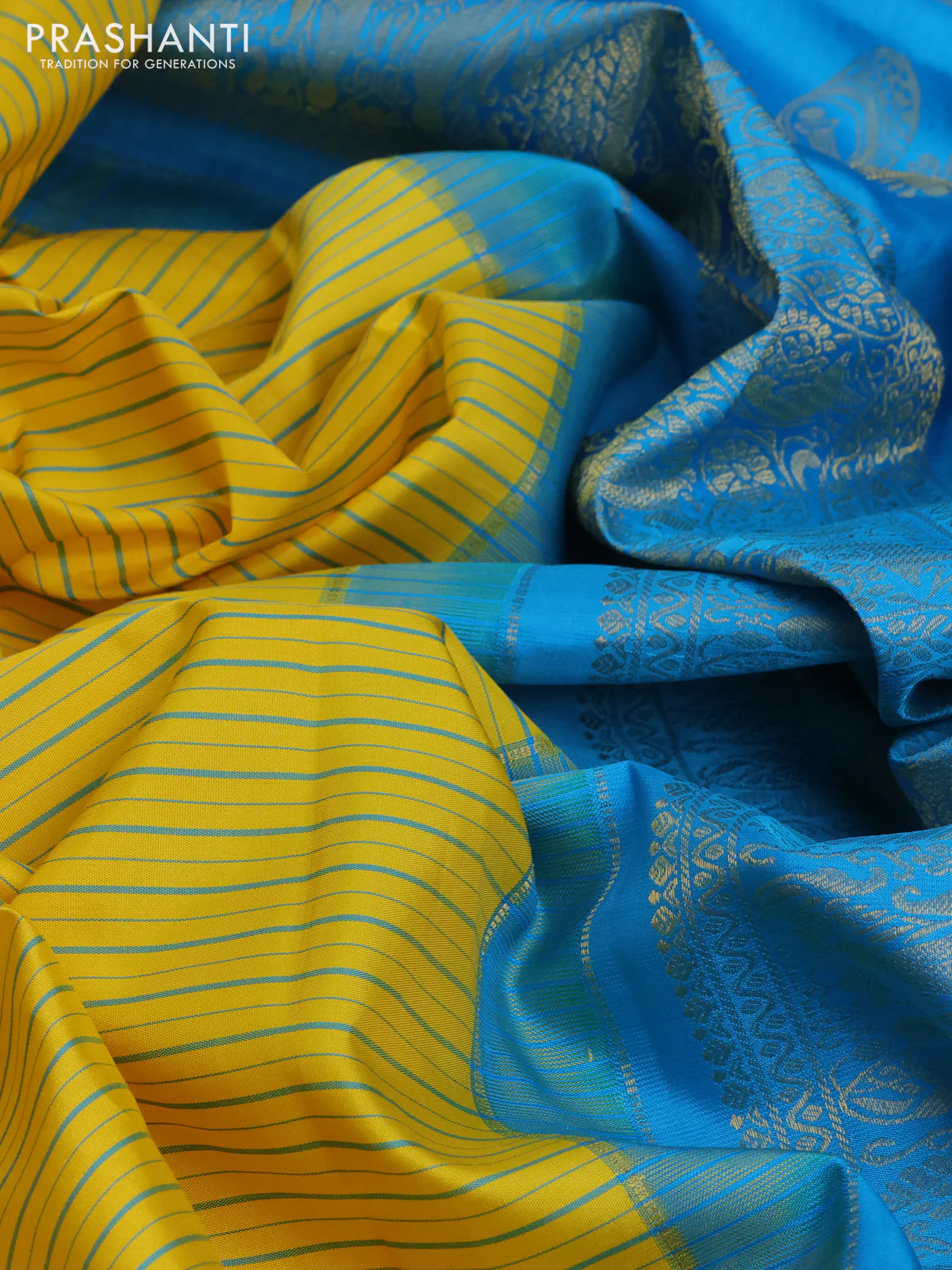 Pure gadwal silk saree yellow and cs blue with allover stripe pattern and zari woven korvai border - Image 3