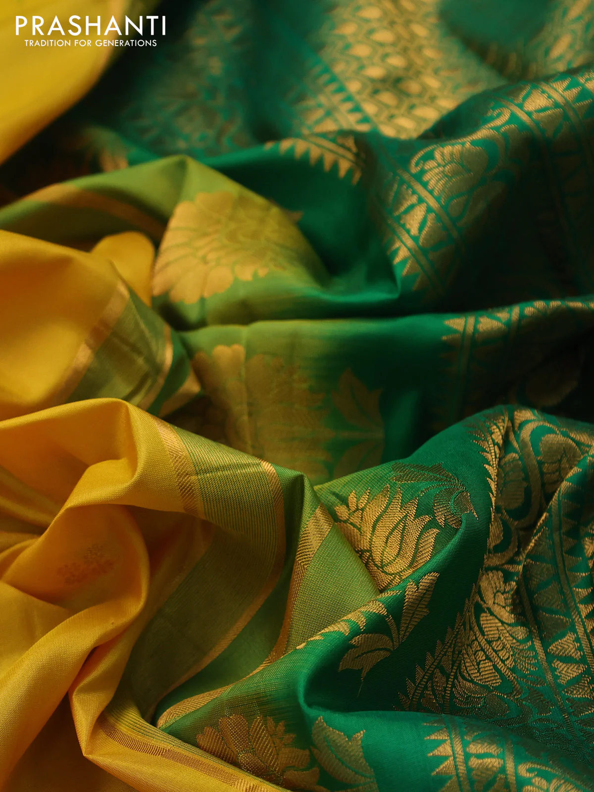 Pure gadwal silk saree yellow and green with allover zari woven buttas and temple design zari woven border - Image 3