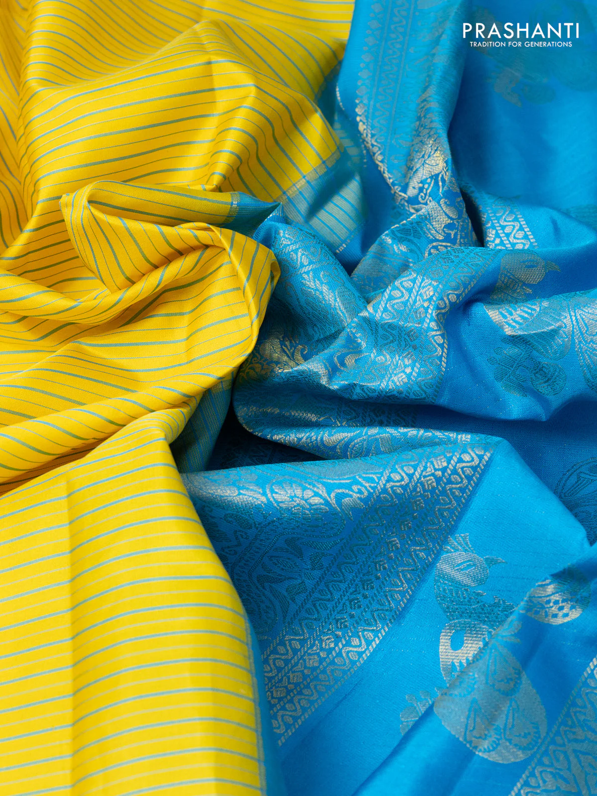 Pure gadwal silk saree yellow and light blue with allover stripe pattern and rich zari woven border - Image 3