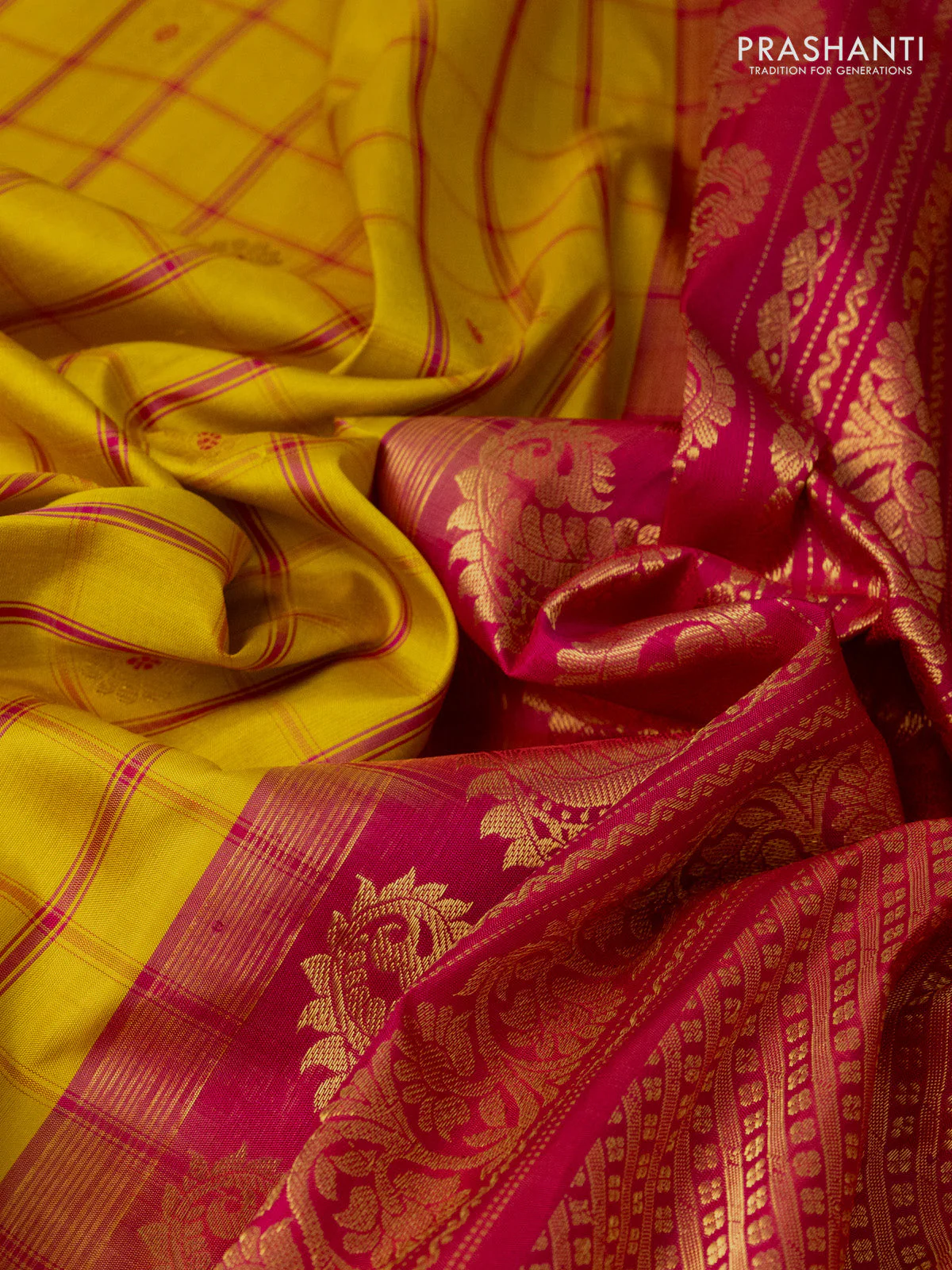 Pure gadwal silk saree yellow and pink with allover checks & buttas and temple design zari woven border - Image 3