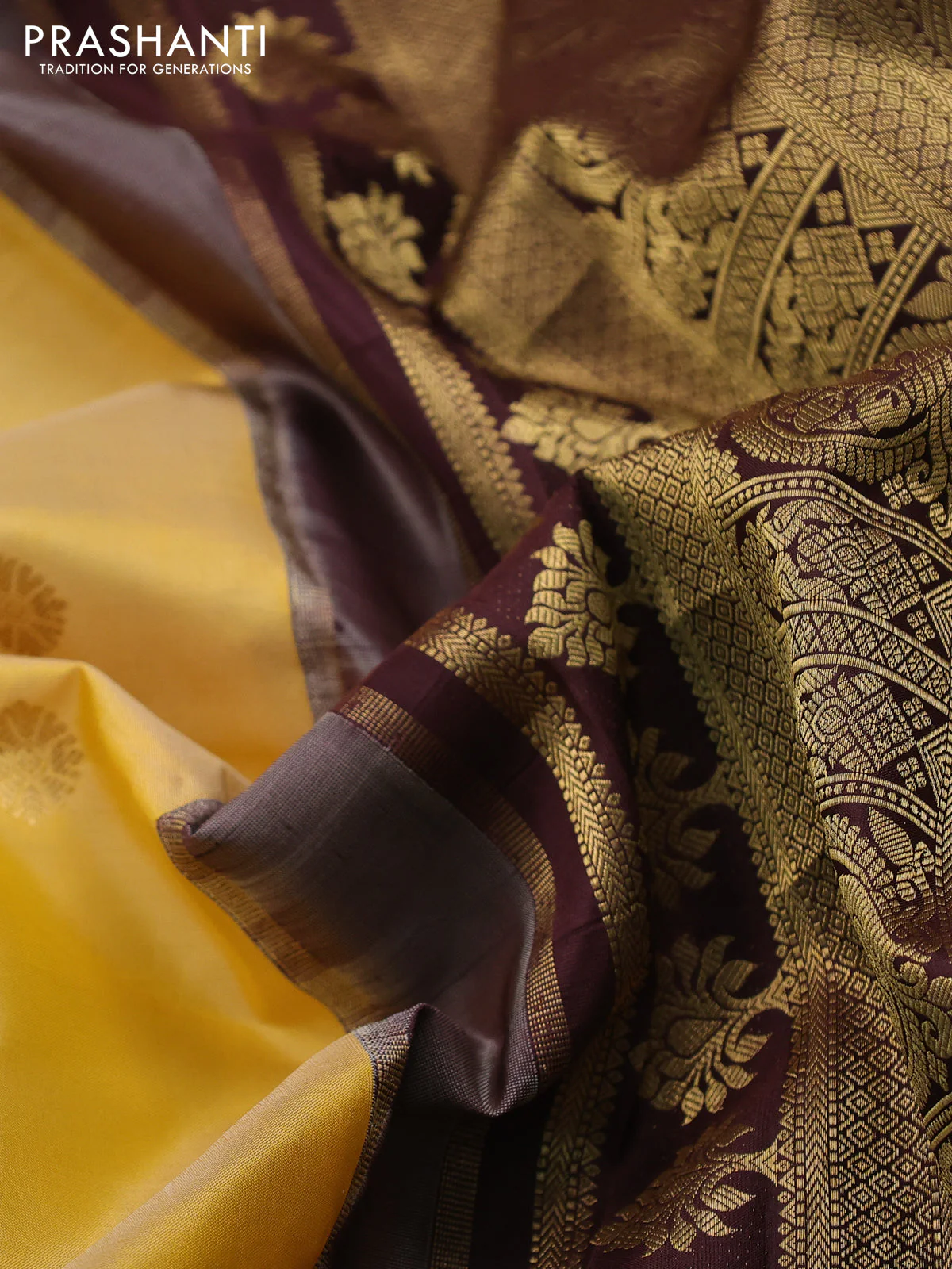 Pure gadwal silk saree yellow shade and coffee brown with zari woven buttas and temple design zari woven border - Image 3