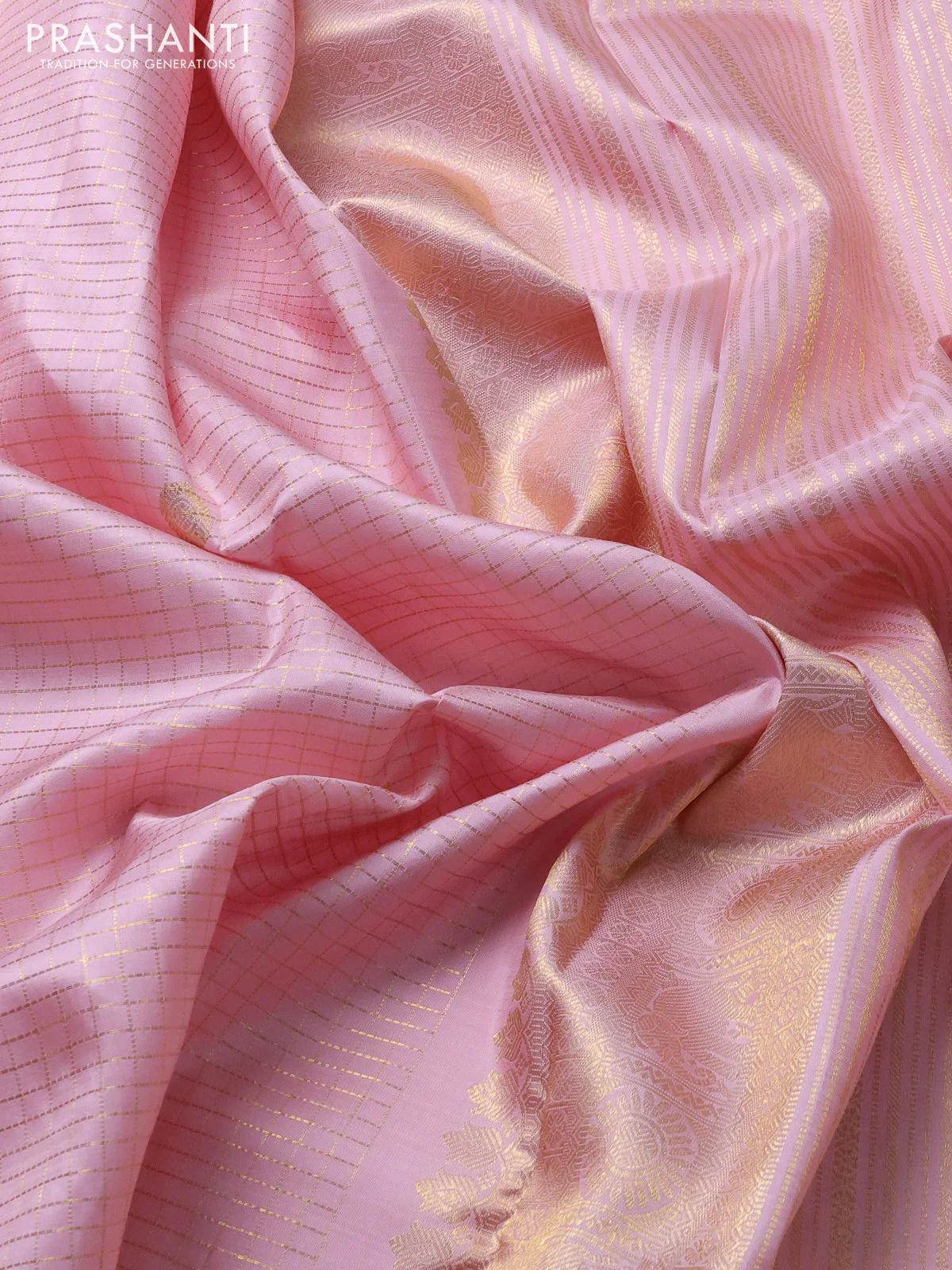 Pure kanchipuram silk saree baby pink with allover zari checks & buttas and rich zari woven border - Image 3