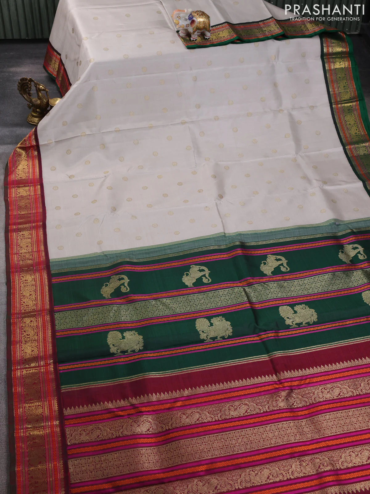 Pure kanchipuram silk saree beige and green maroon with zari woven buttas and ganga jamuna border - Image 2