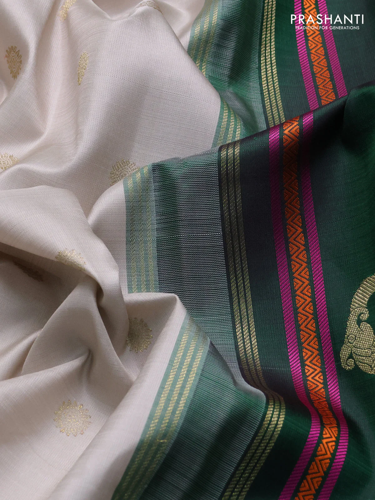 Pure kanchipuram silk saree beige and green maroon with zari woven buttas and ganga jamuna border - Image 3