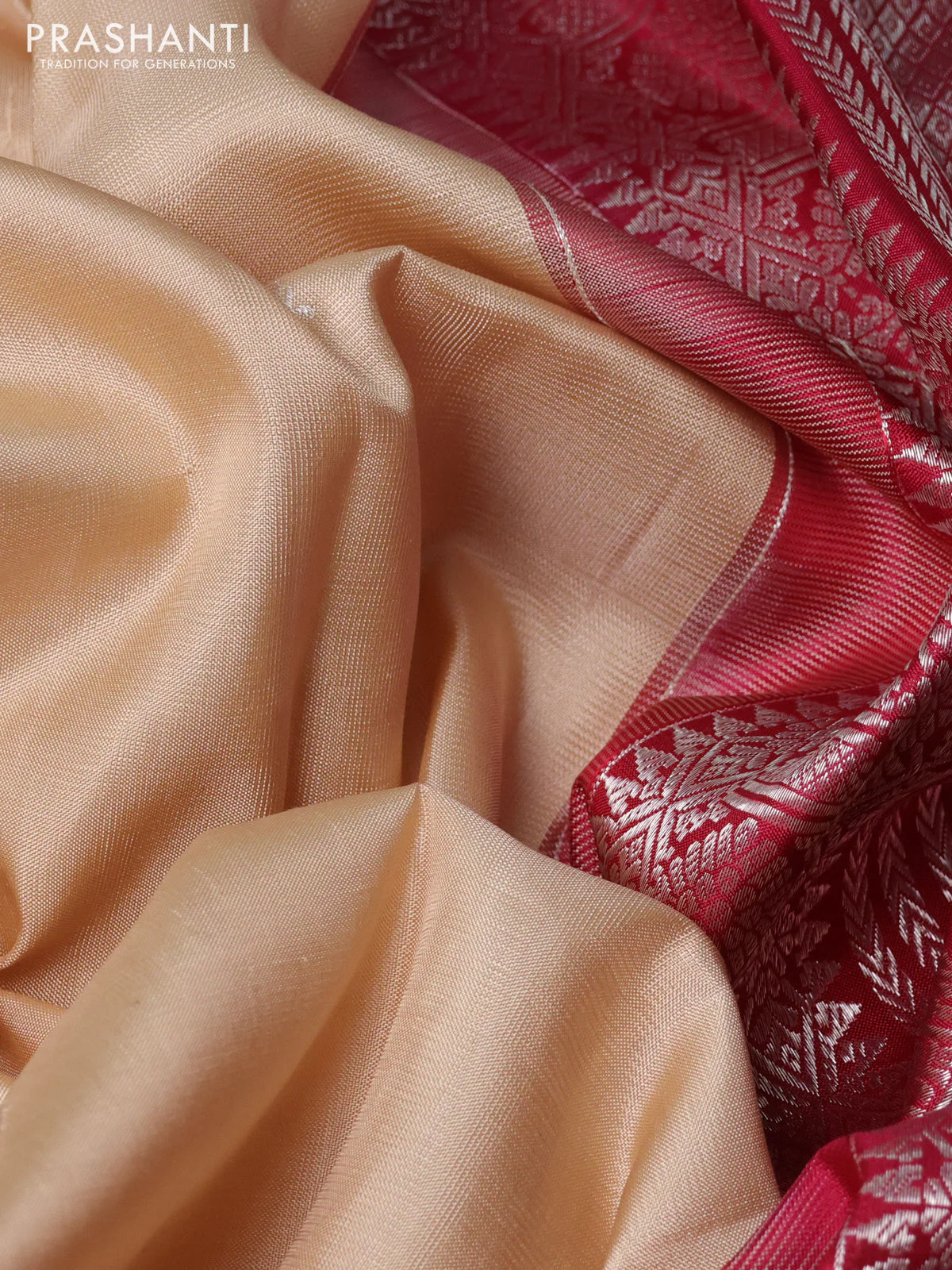 Pure kanchipuram silk saree beige and maroon with silver zari woven buttas and thread & zari woven border - Image 3