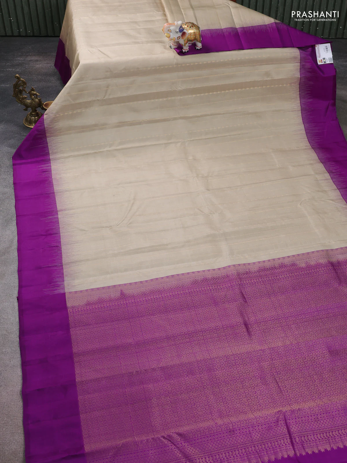 Pure kanchipuram silk saree beige and purple with allover zari weaves and simple border - Image 2