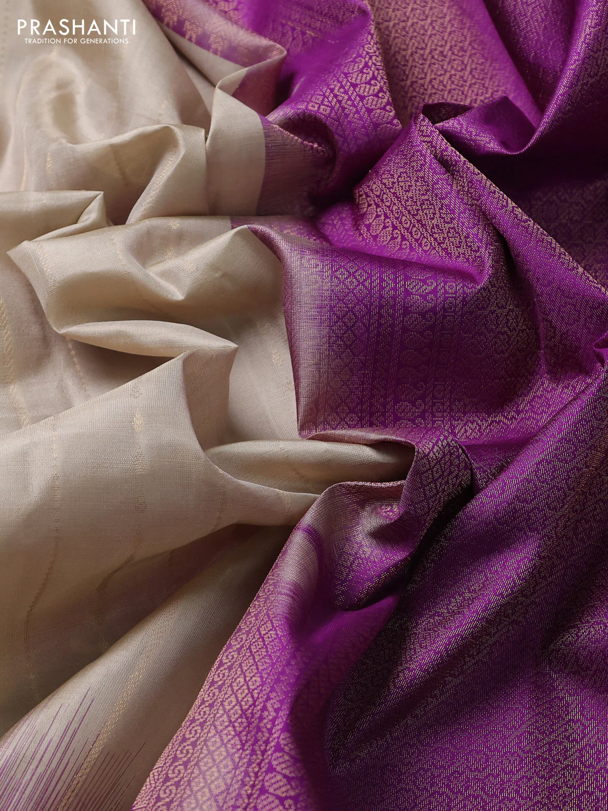 Pure kanchipuram silk saree beige and purple with allover zari weaves and simple border - Image 3